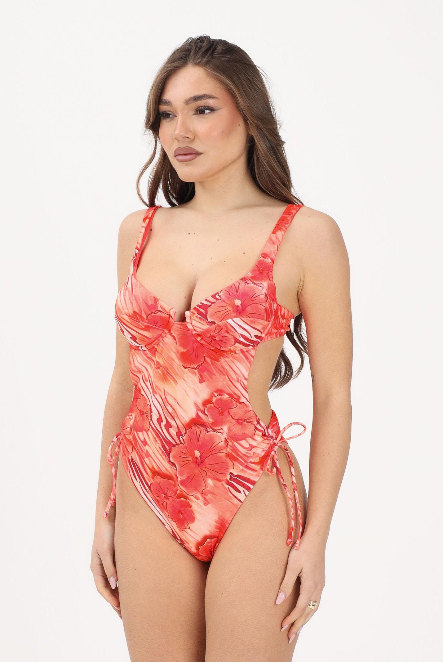 ME FUI Costume intero rosso corallo da donna con stampa floreale MF26-SW0343X12 . ME FUI