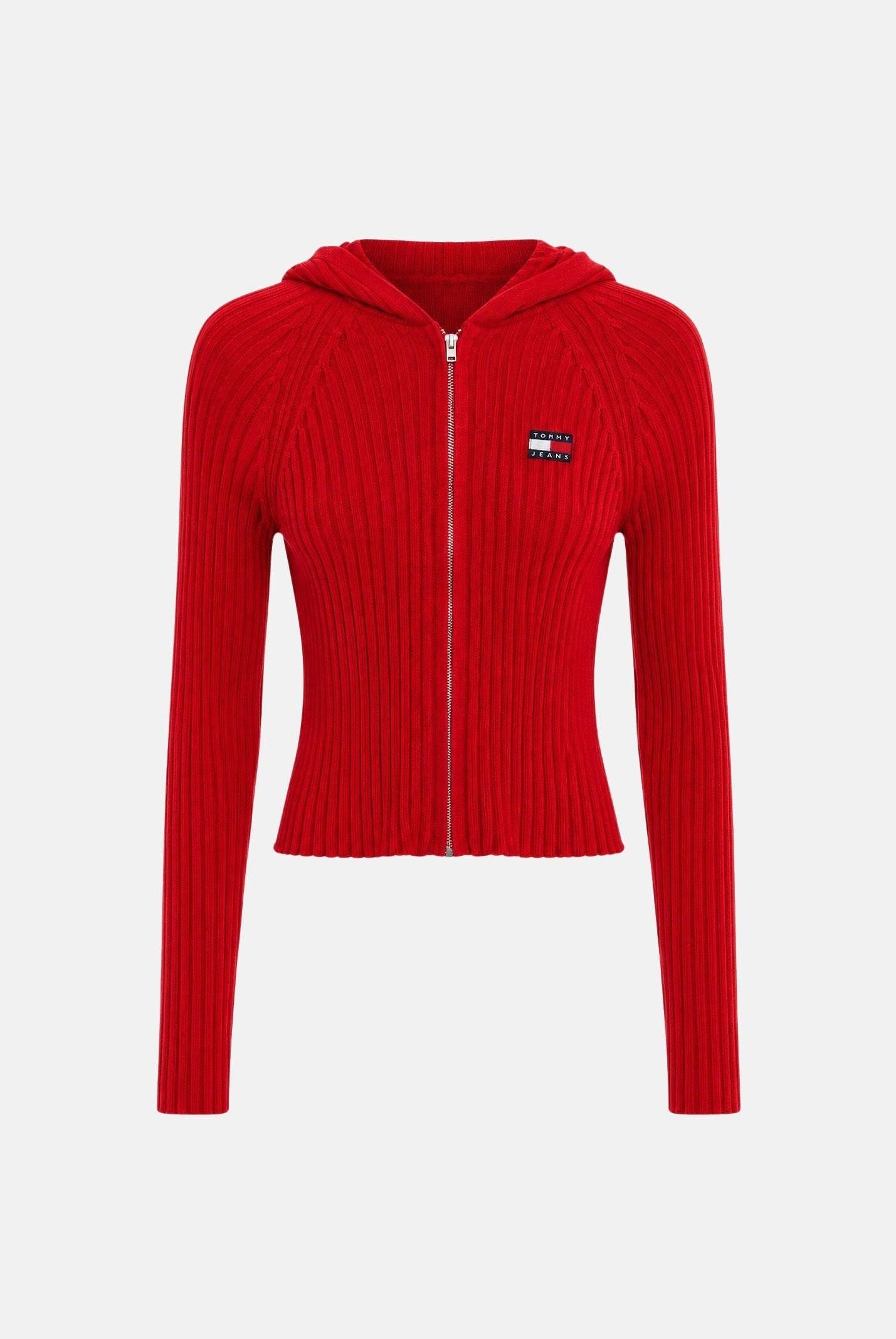 TOMMY JEANS cardigan con cappuccio Ribbed Zip-Thru Slim Cardigan Amaryllis Red rosso donna. DW0DW20974 XK9 TOMMY JEANS
