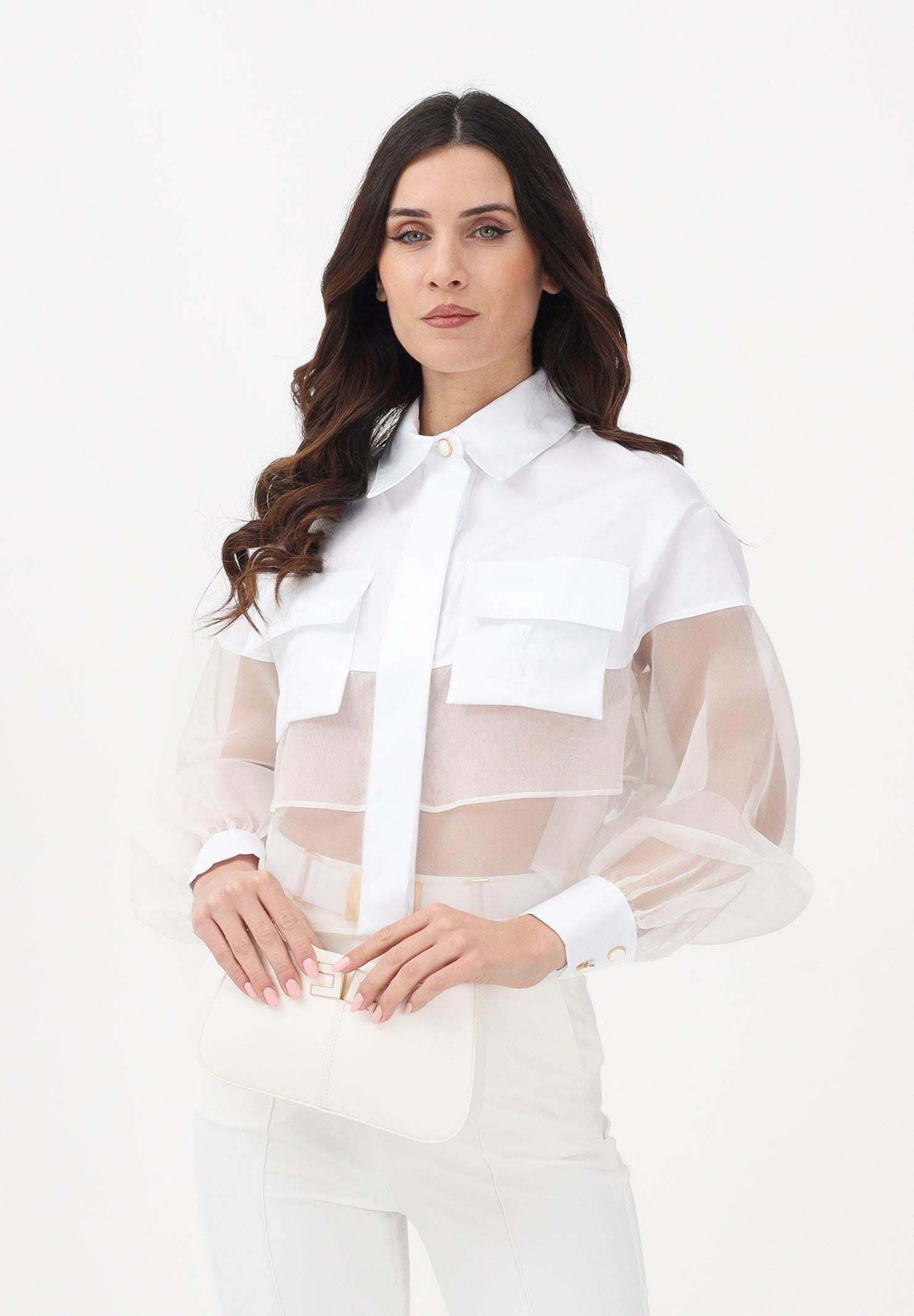 ELISABETTA FRANCHI Camicia a manica lunga bianca da donna con inserto in tulle CA11861E2 360 ELISABETTA FRANCHI