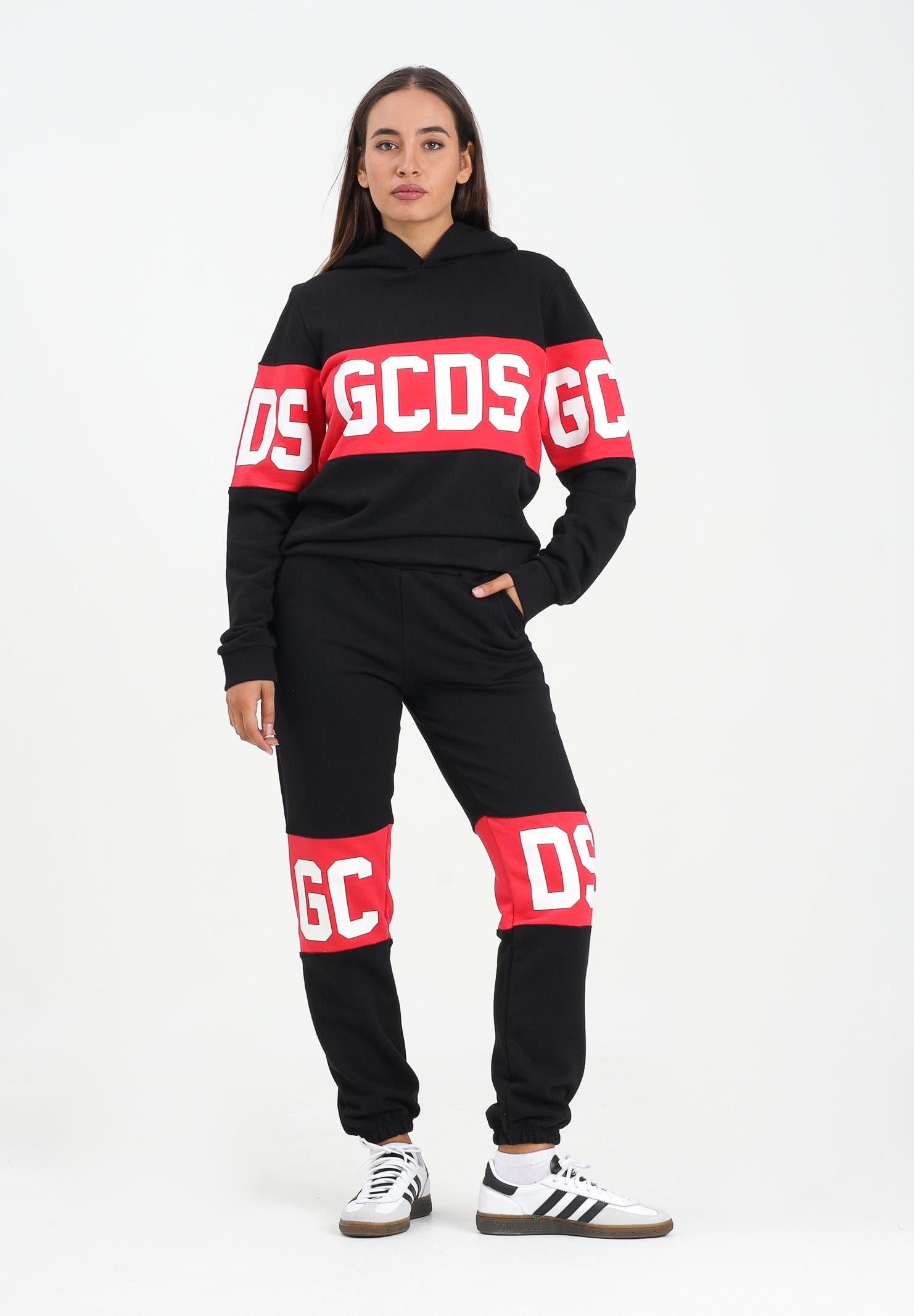GCDS Pantalone sportivo nero per donna, ragazzi e bambini con fascia a contrasto e logo B2JU3017BA2 99 GCDS