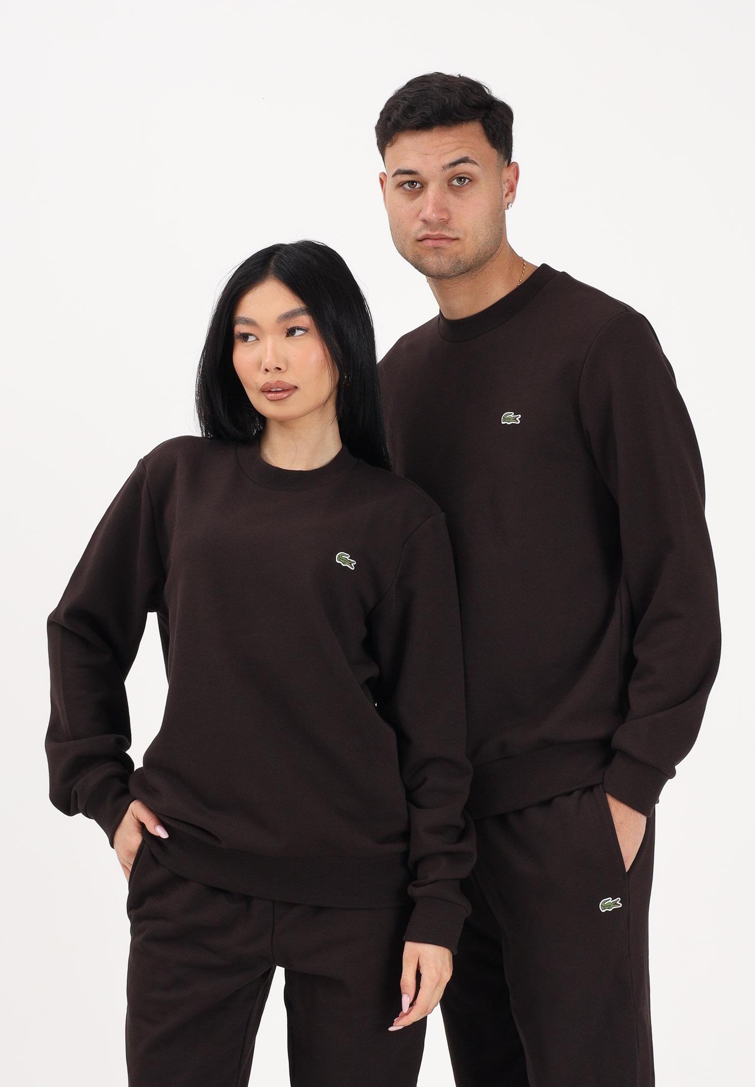 LACOSTE Felpa girocollo marrone per uomo e donna con patch coccodrillo SH9801 3LA LACOSTE