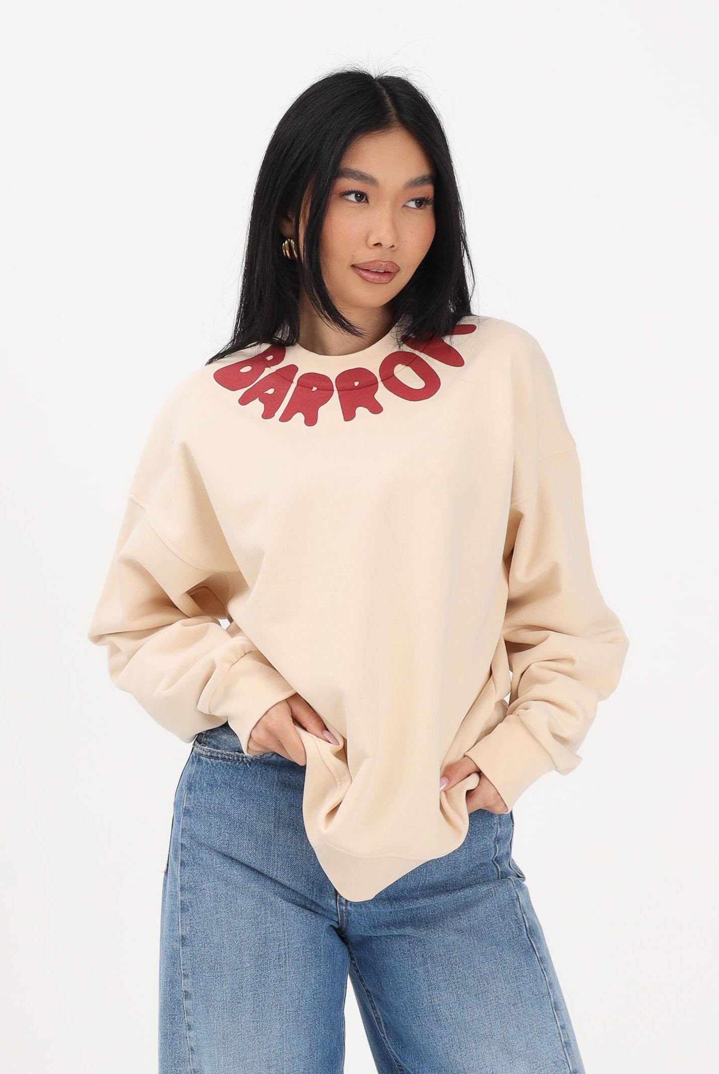 BARROW Felpa girocollo crema per uomo e donna con logo al collo S6BWUASW070 013 BARROW