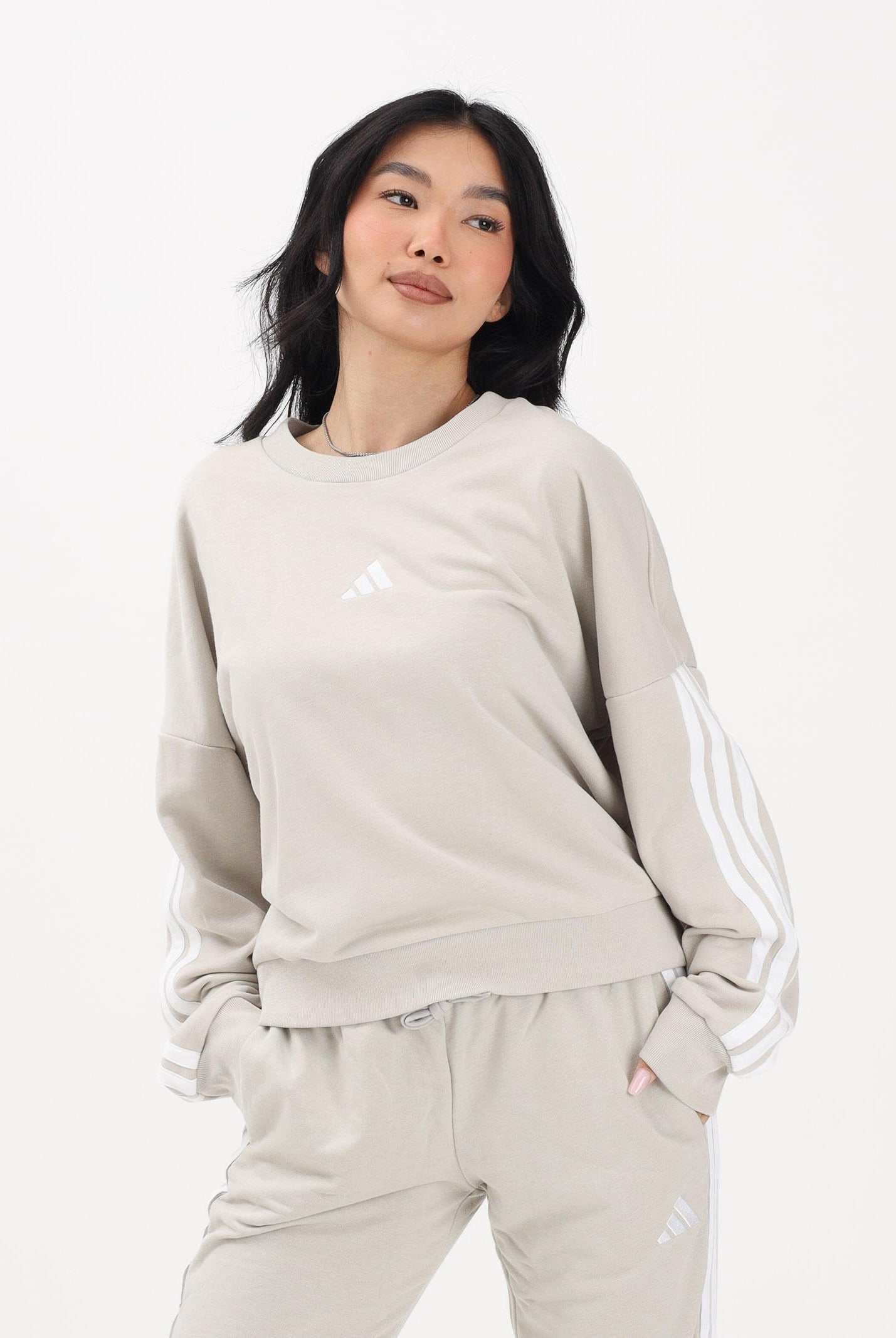 ADIDAS PERFORMANCE Felpa girocollo ESSENTIALS 3-STRIPES FRENCH TERRY beige da donna JE0014 . ADIDAS PERFORMANCE