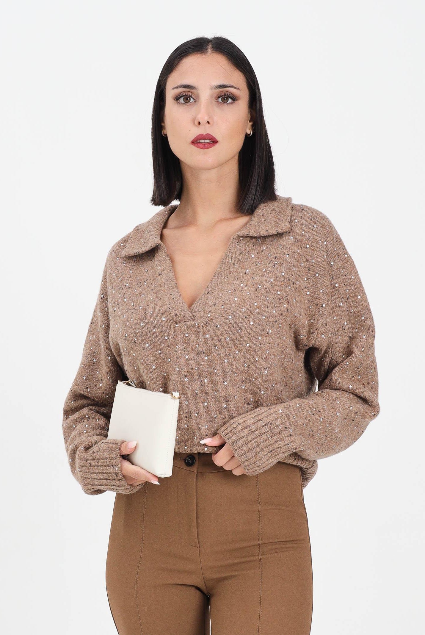 PINKO Maglioncino con scollo a V beige da donna realizzato in morbido tessuto con strass 105684A2U4 C3Z PINKO