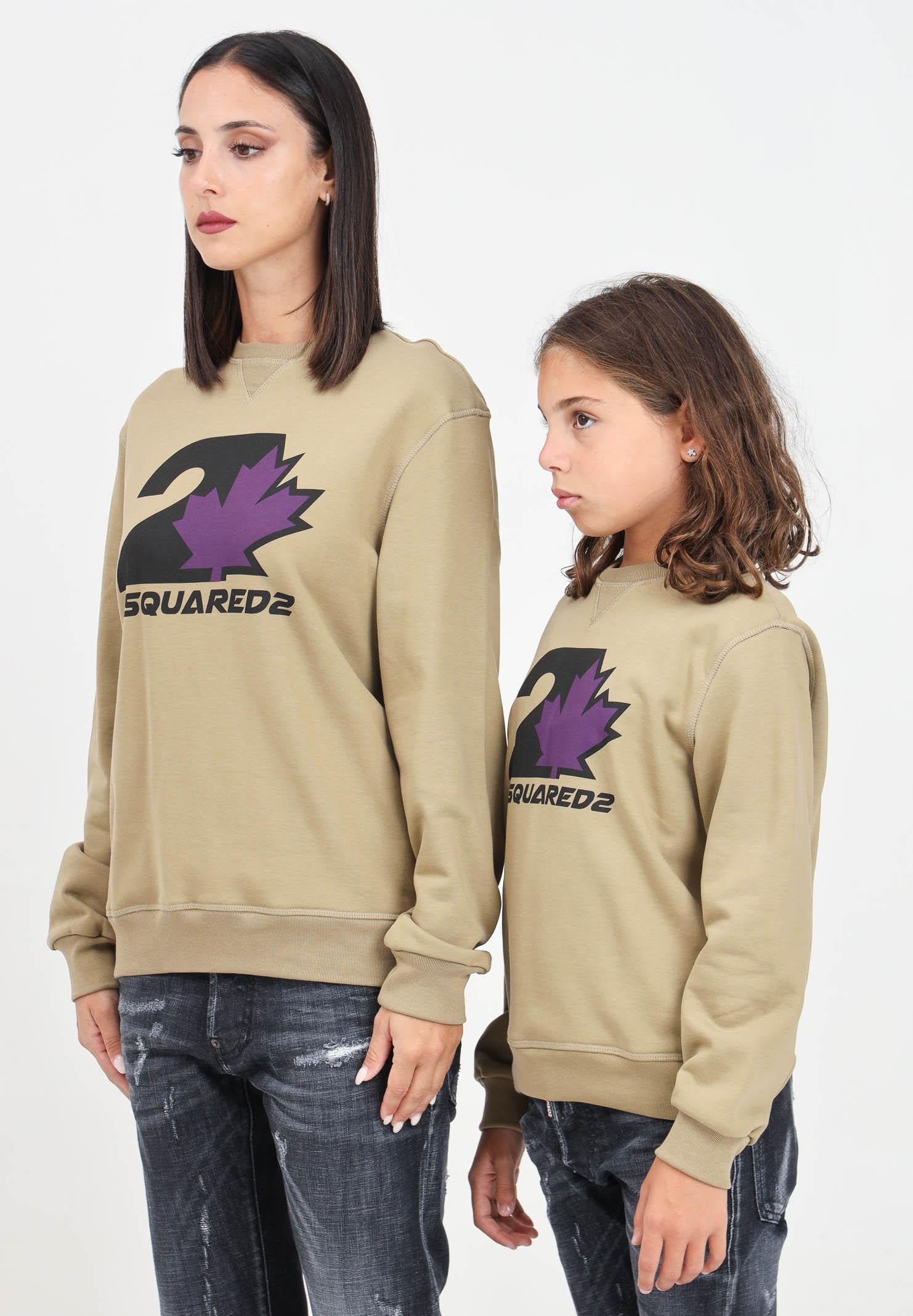 Felpa girocollo color fango per donna e bambina con stampa logo DQ2469D0094 DQ719 DSQUARED2