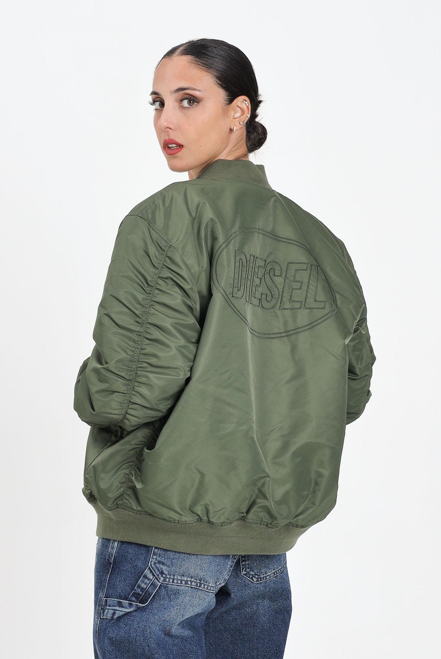 DIESEL Bomber verde militare per donna, ragazzi e bambini con maxi logo Oval Diesel J023980KAUX K513 DIESEL