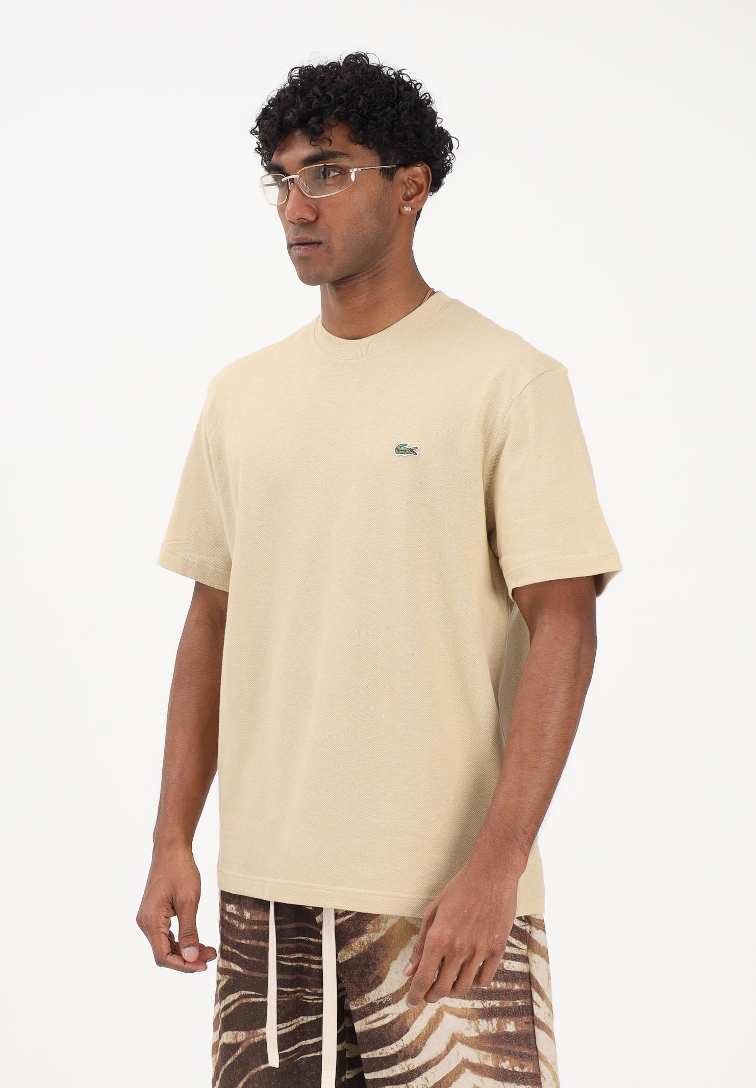 LACOSTE T-shirt a manica corta beige da uomo in piqué pesante di cotone e lino TH0629 8XF LACOSTE