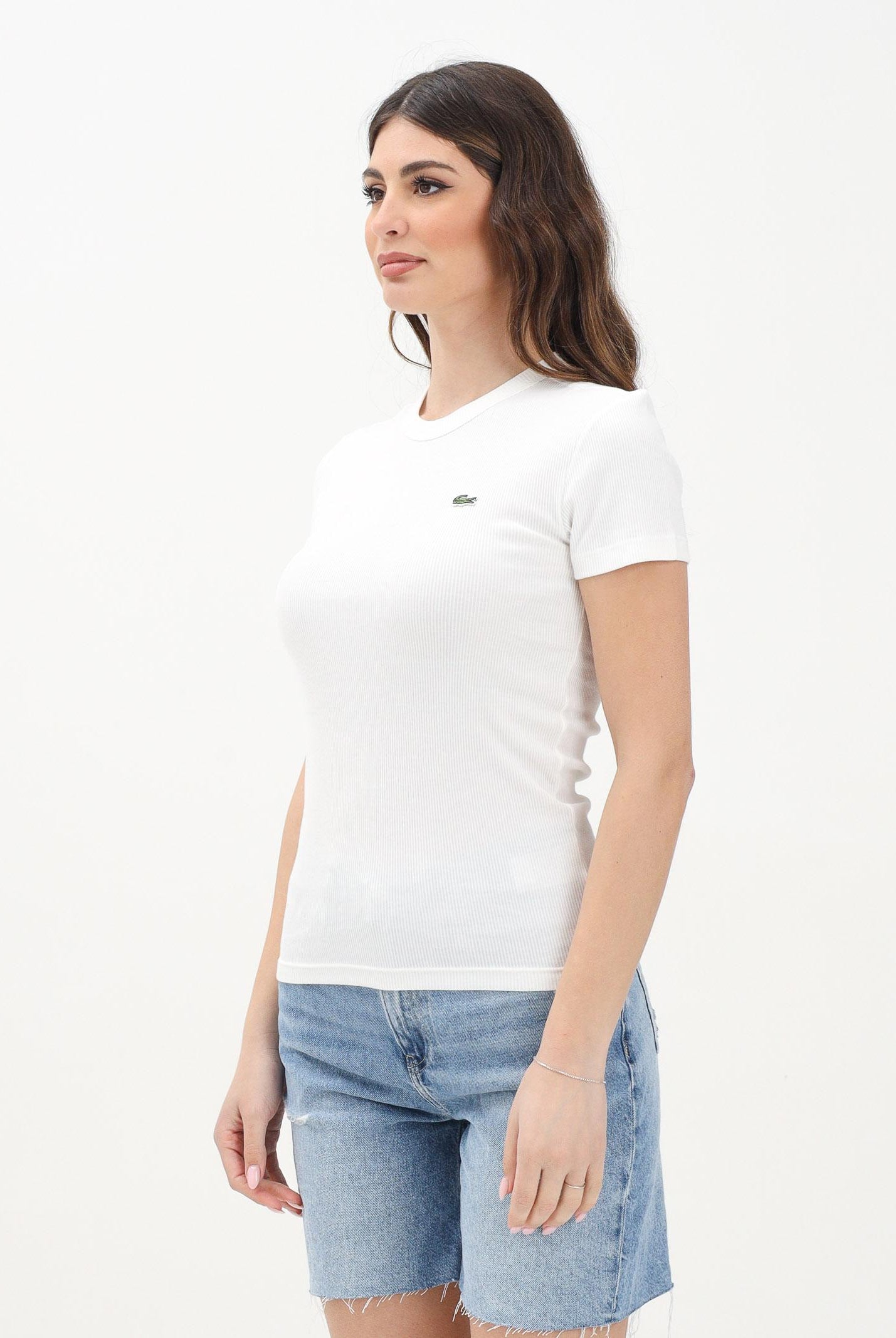 LACOSTE T-shirt a manica corta bianca da donna in cotone a costine TF5538 70V LACOSTE