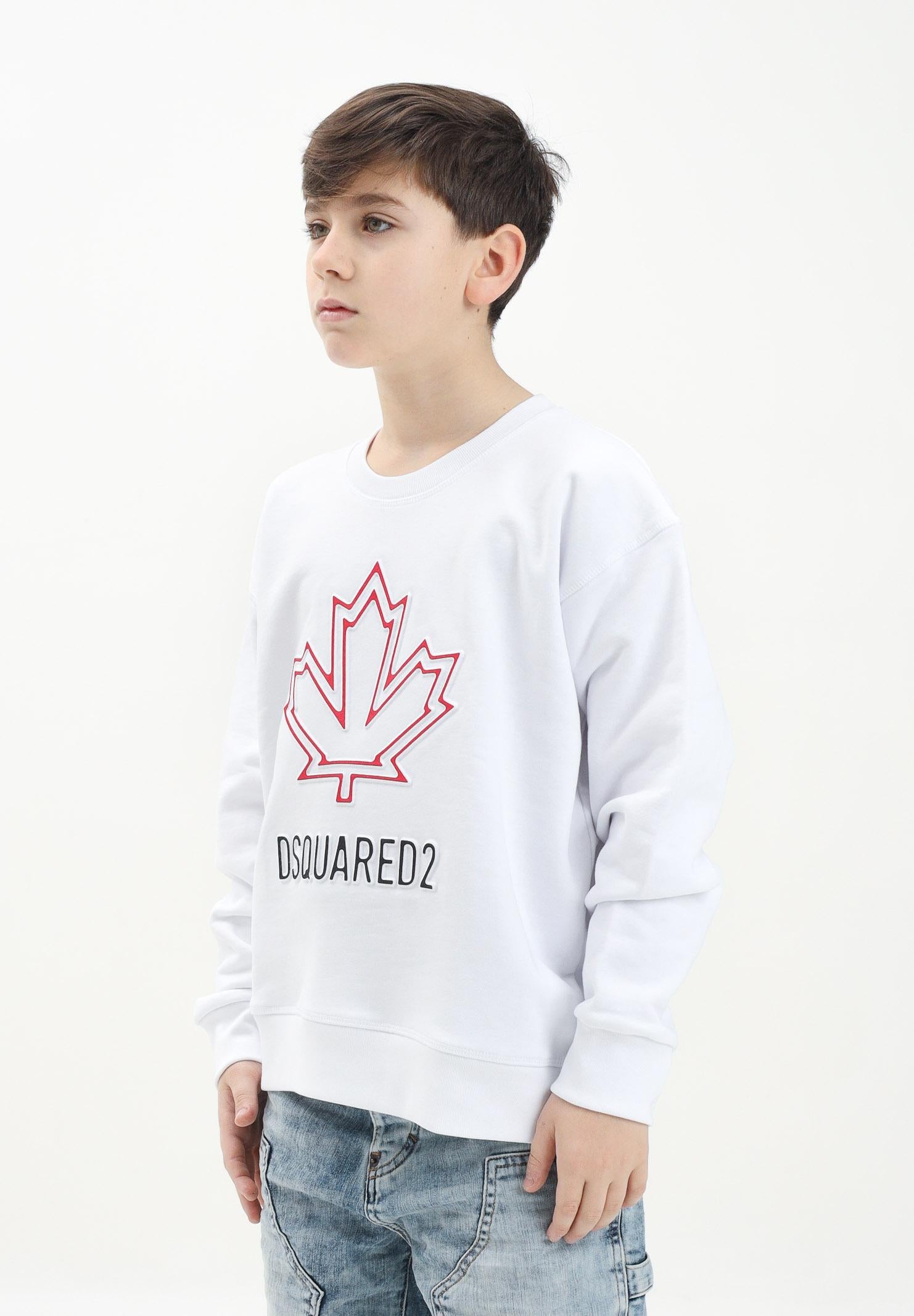 DSQUARED2 Felpa girocollo bianca per donna, ragazzi e bambini con foglia d'acero e logo DQ2786D0A9U DQ100 DSQUARED2