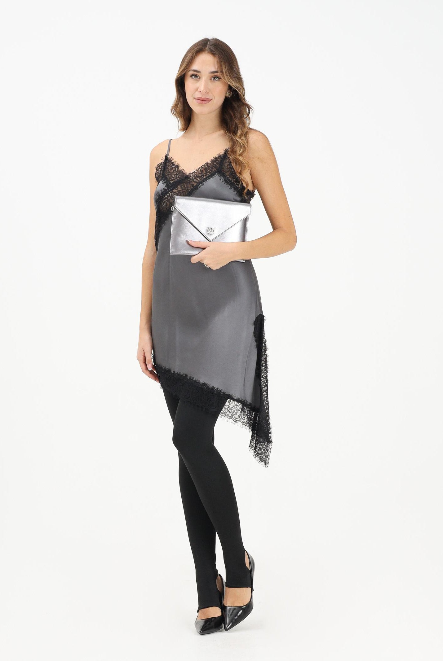 VICOLO Abito corto grigio da donna con inserti in pizzo nero TF0255 GR VICOLO