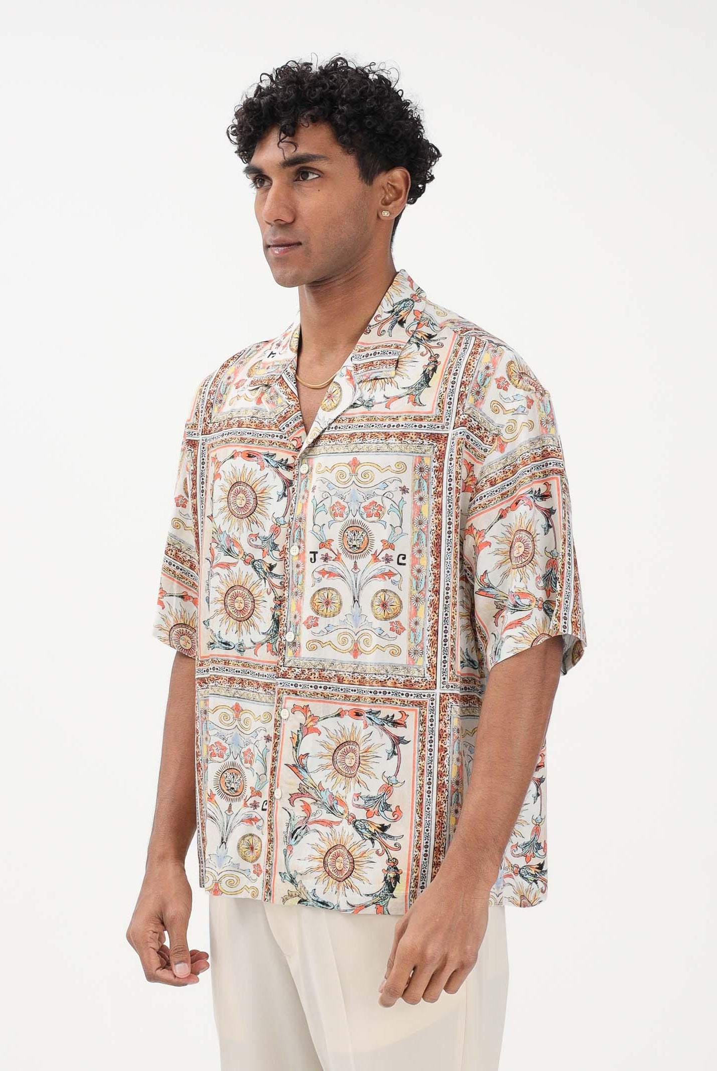 JUST CAVALLI Camicia a manica corta beige da uomo con stampa decorativa 80OALF01CNF05 R85 JUST CAVALLI