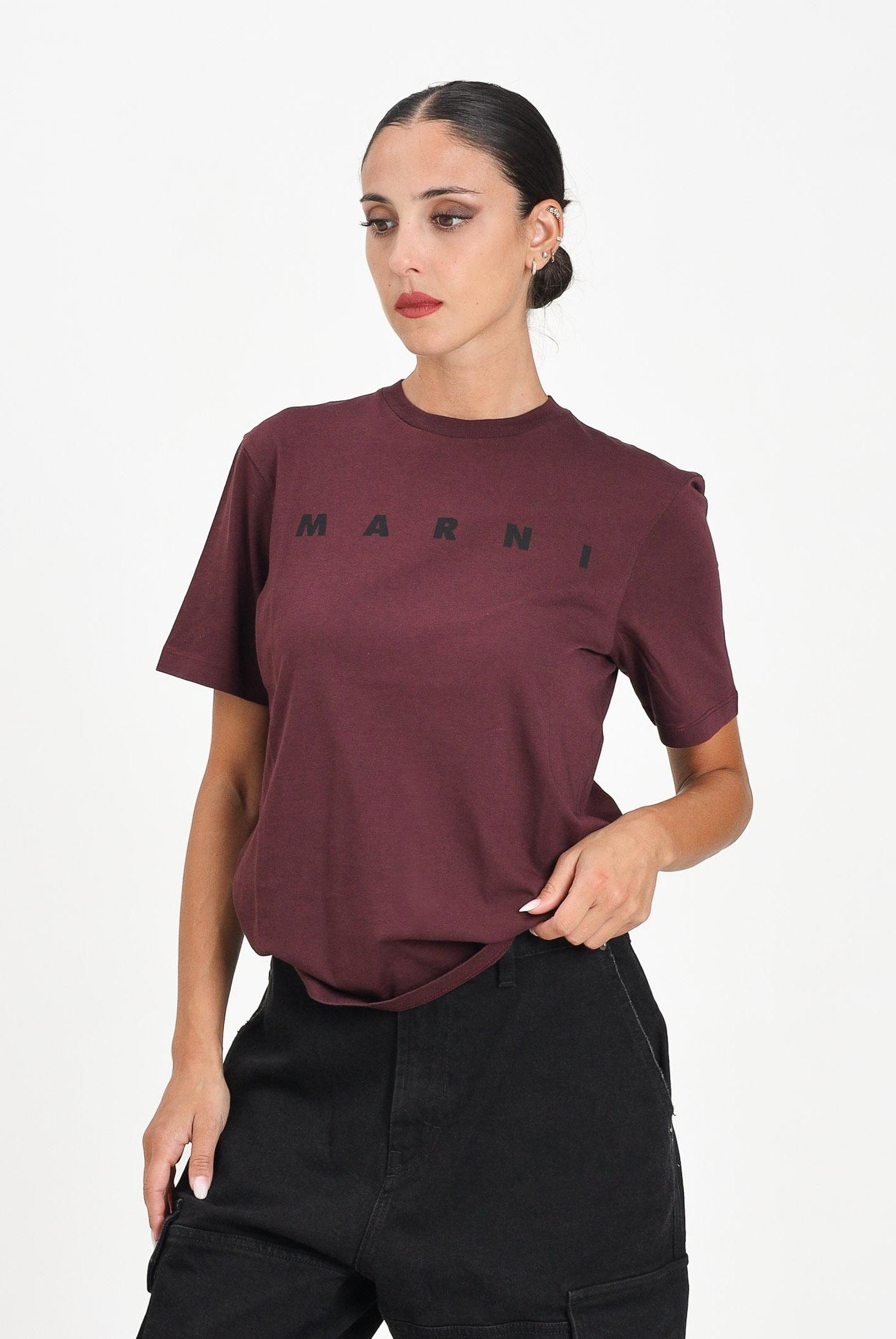 MARNI T-shirt a manica corta bordeaux per donna, ragazzi e bambini con stampa logo M01601M00RF 0M434 MARNI
