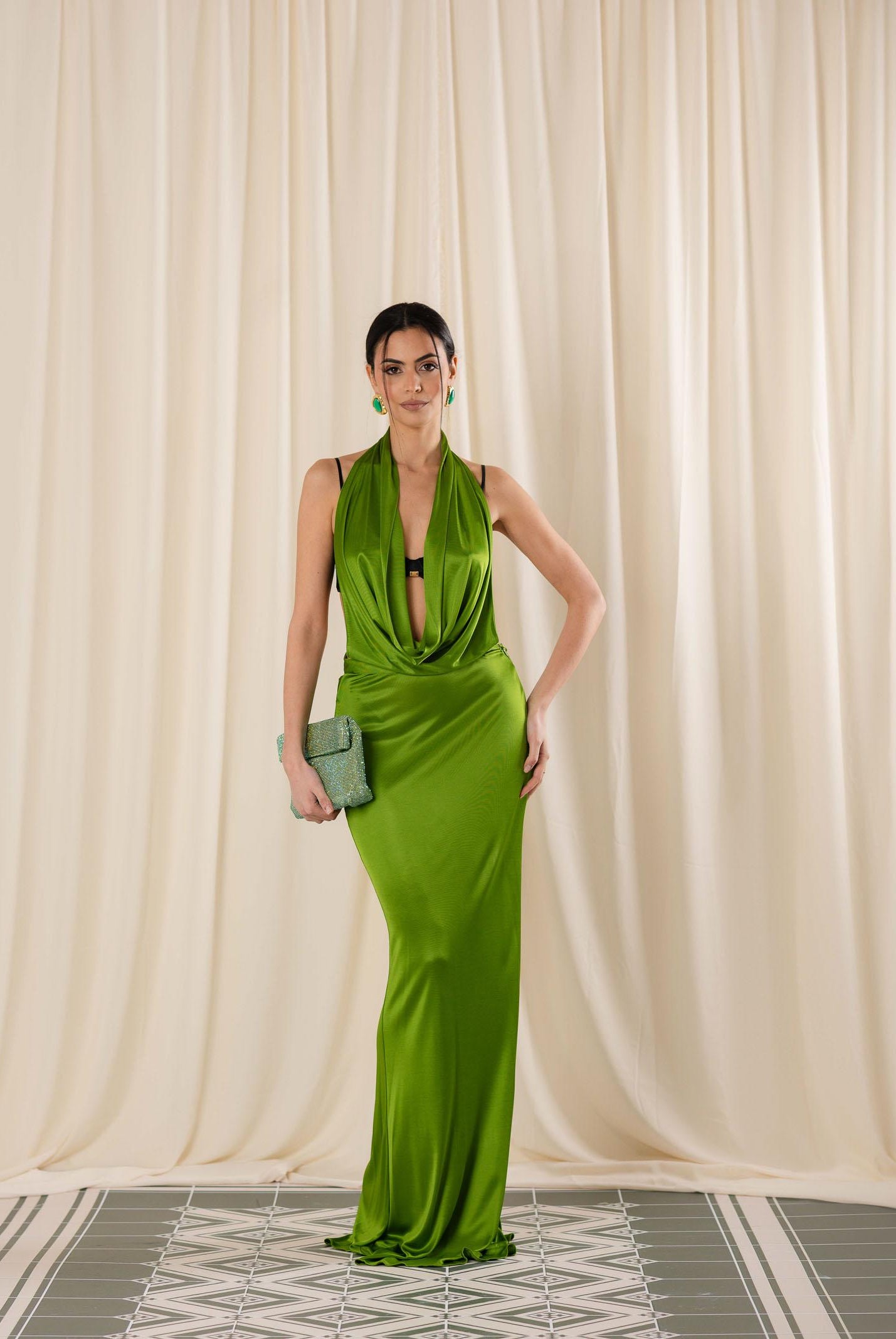 ELISABETTA FRANCHI Abito lungo verde da donna in jersey di viscosa lucida ABR1361E2 FA1 ELISABETTA FRANCHI