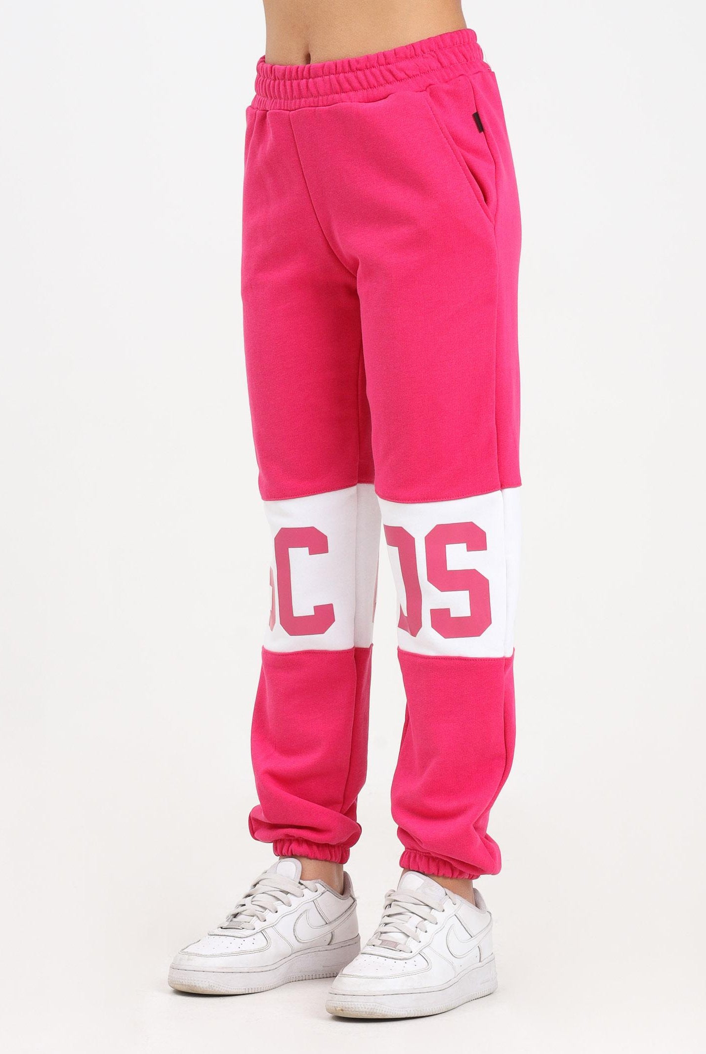 GCDS Pantalone sportivo fucsia per donna, ragazzi e bambini con banda a contrasto e logo B2JU3017BA2 59 GCDS