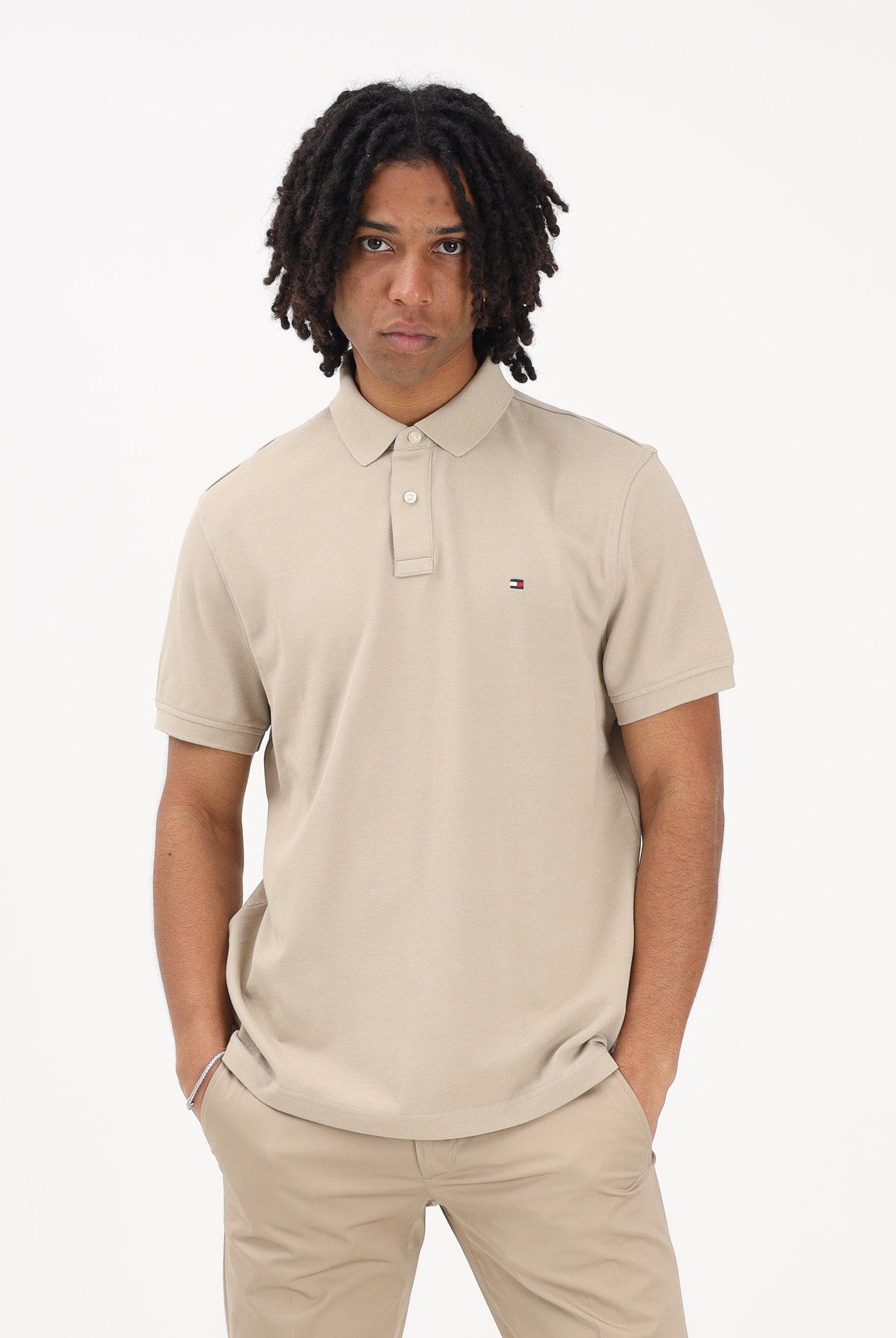 TOMMY HILFIGER Polo a manica corta beige da uomo con logo MW0MW17770 RBT TOMMY HILFIGER