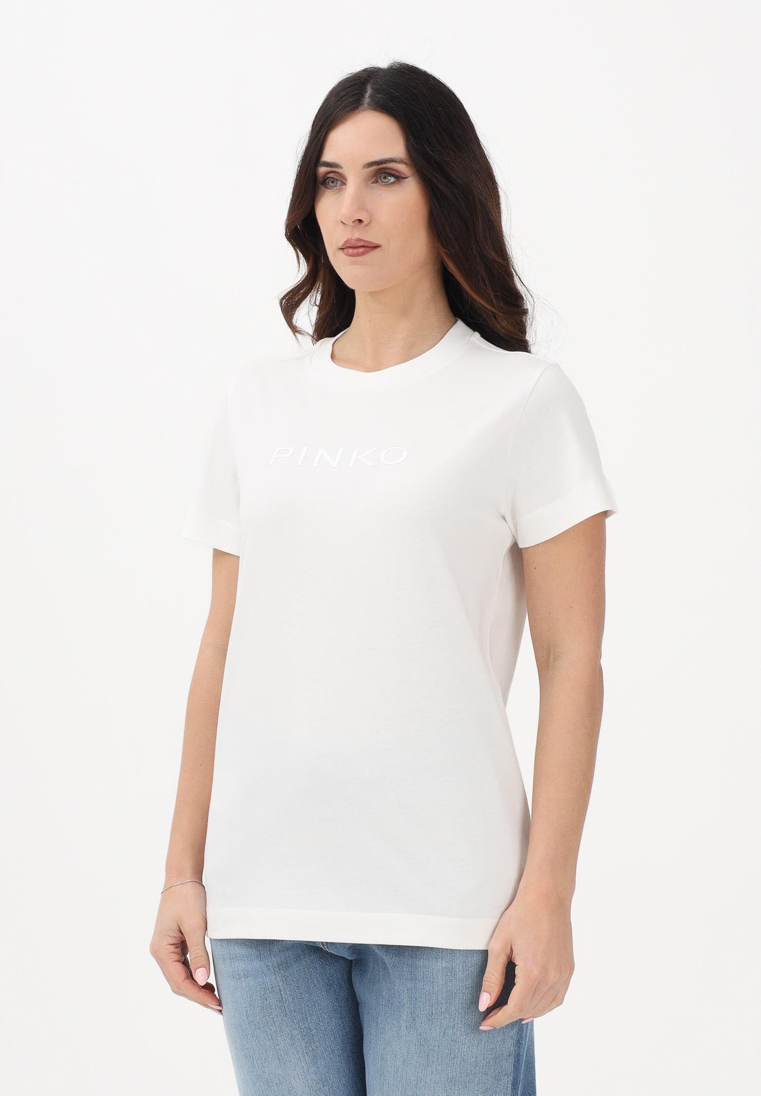 PINKO T-shirt a manica corta bianca da donna con ricamo logo 101752A339 Z05 PINKO