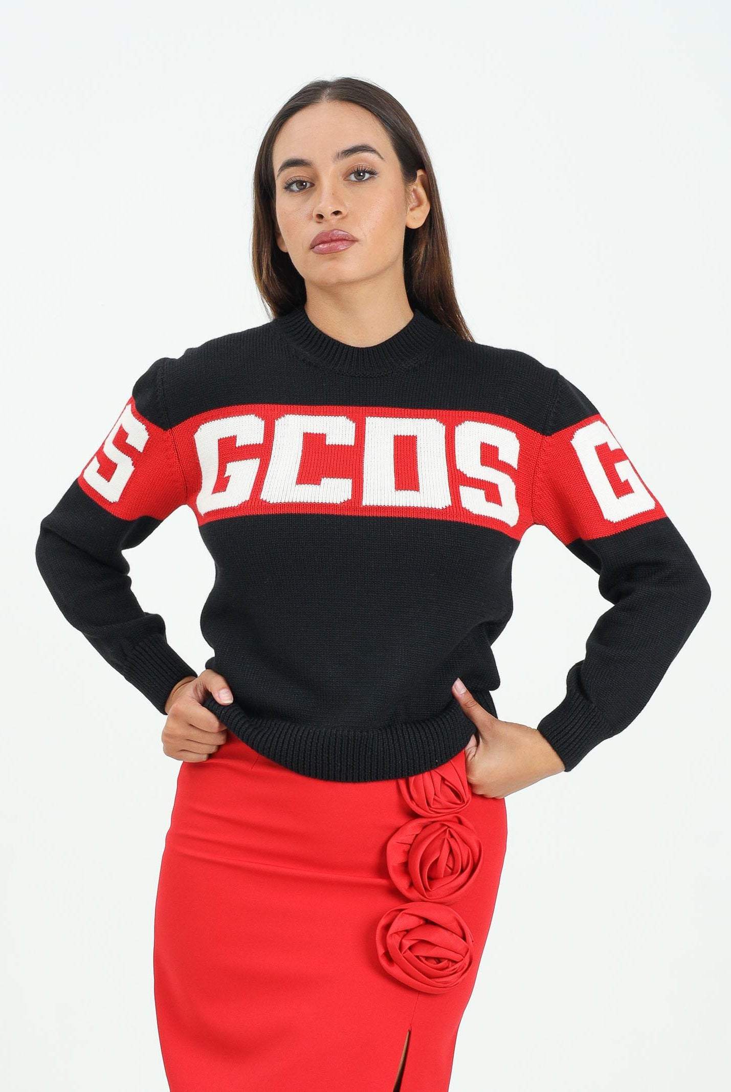 GCDS Maglioncino girocollo nero per donna, ragazzi e bambini con logo B2JU1526BA7 99 GCDS