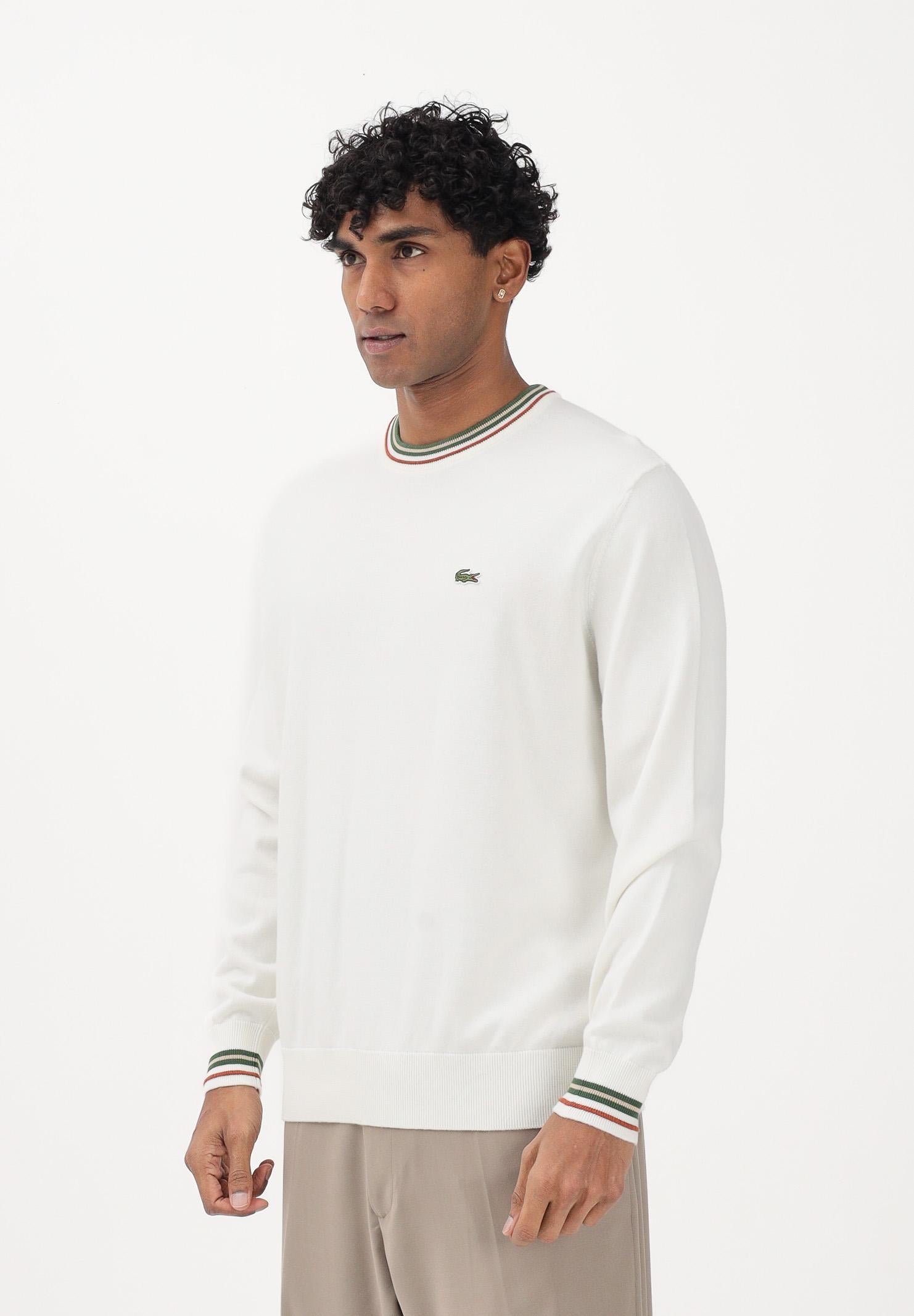 LACOSTE Maglioncino girocollo panna da uomo in jersey di cotone a righe AH5158 X0N LACOSTE