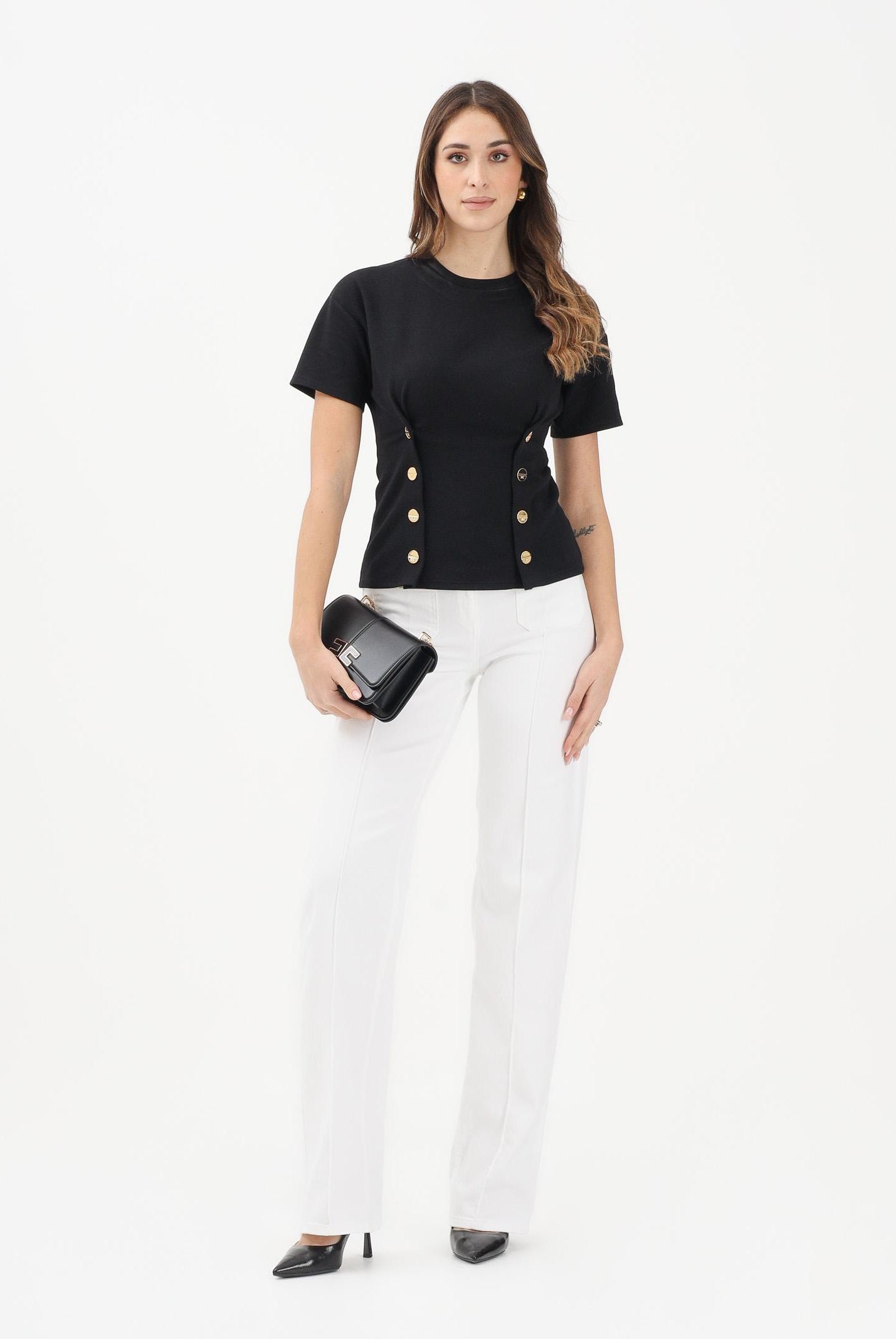ELISABETTA FRANCHI Jeans a vita alta avorio da donna con dettagli gioiello PJ25D61E2 360 ELISABETTA FRANCHI