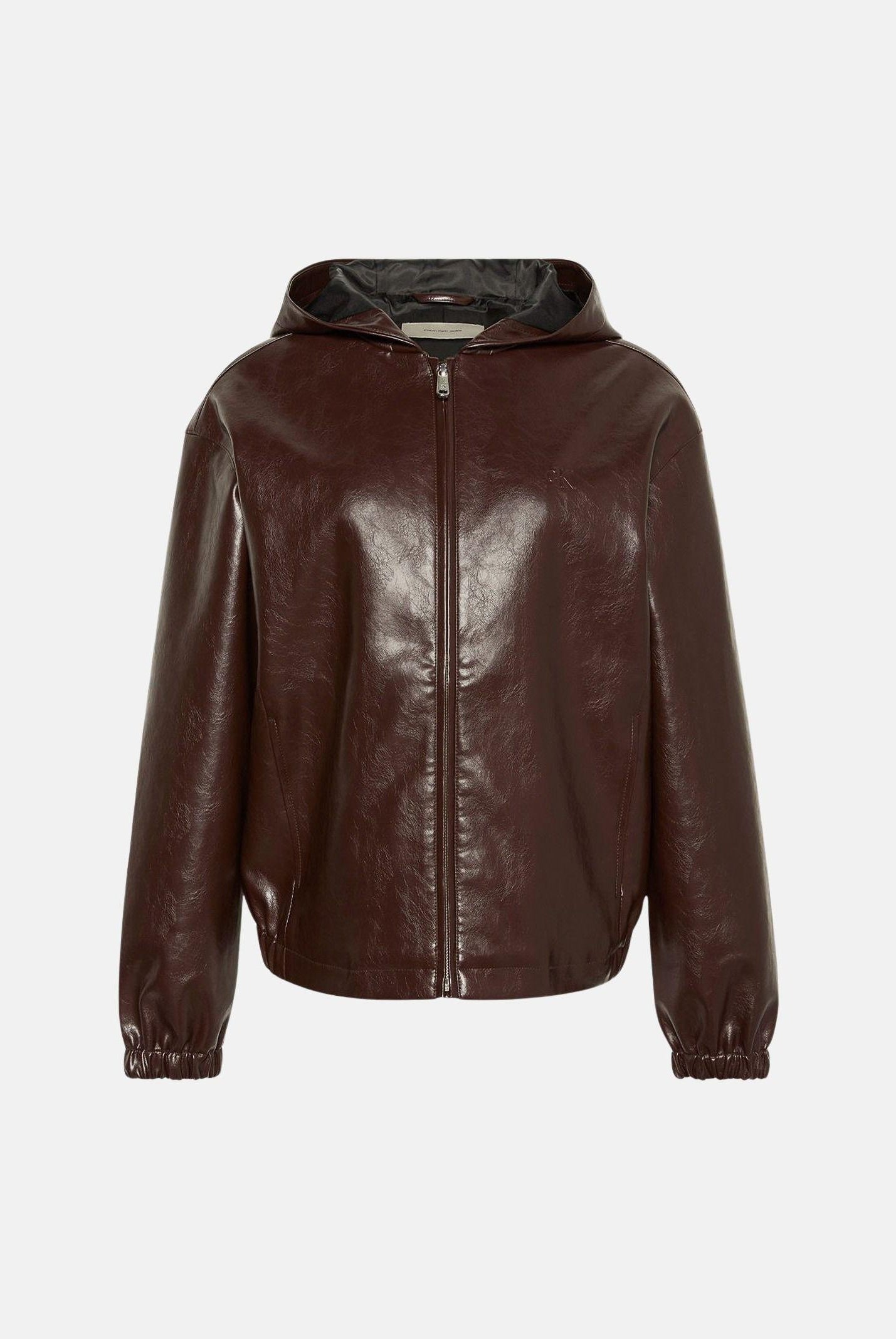 CALVIN KLEIN JEANS giacca con cappuccio Faux Leather Hooded Jacket, colore brand Dark Coffee corrispondente al marrone scuro, da donna. LV047G516G TO2 CALVIN KLEIN JEANS