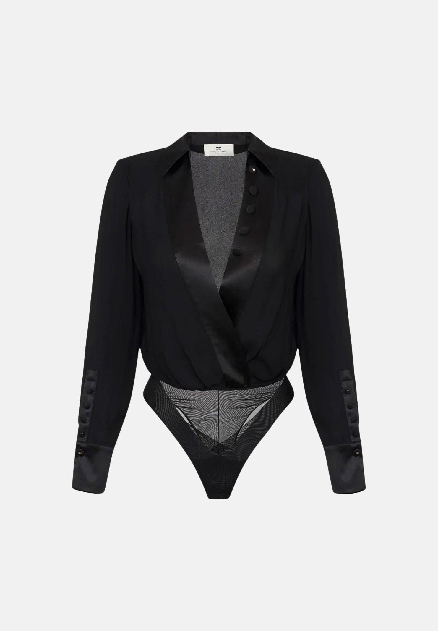 ELISABETTA FRANCHI Body a manica lunga nero da donna in georgette di viscosa e raso CB00356E2 110 ELISABETTA FRANCHI