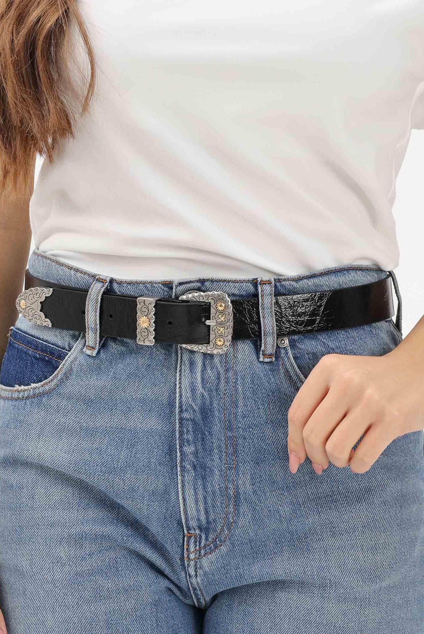 PINKO Cintura nera da donna in pelle shiny con finiture metalliche 106692A315 Z99O PINKO