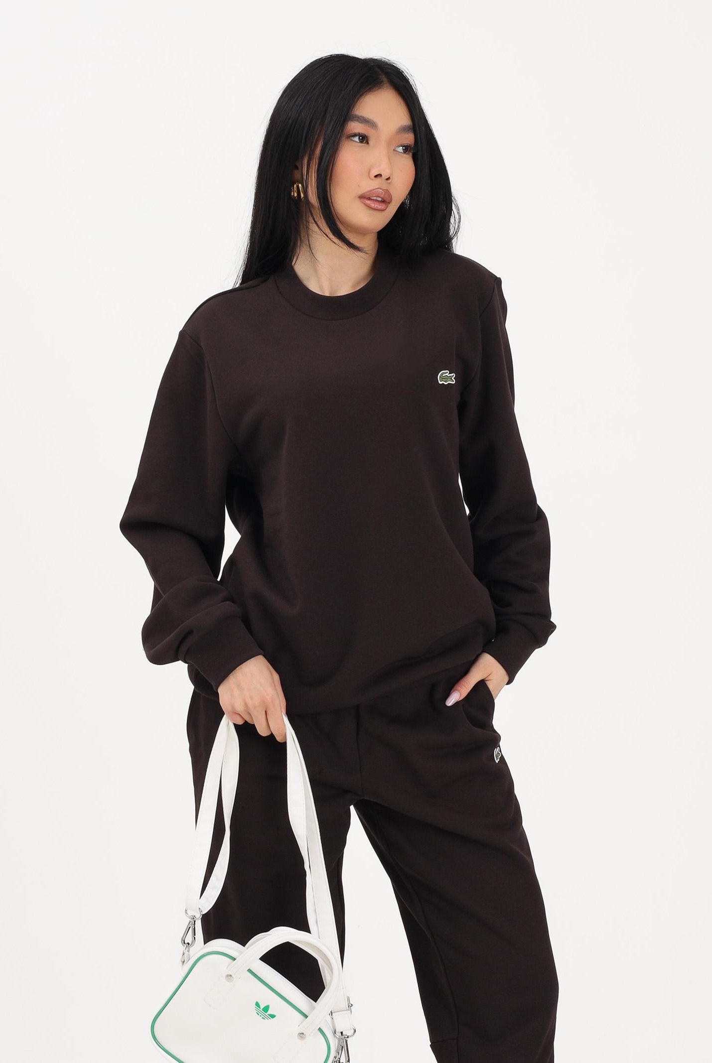 LACOSTE Felpa girocollo marrone per uomo e donna con patch coccodrillo SH9801 3LA LACOSTE