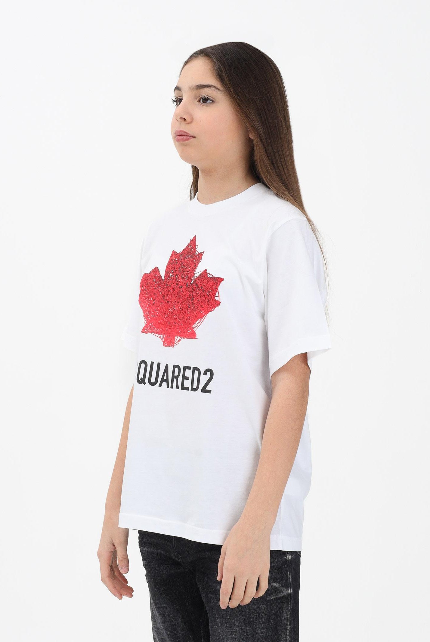DSQUARED2 T-shirt a manica corta bianca per donna, ragazzi e bambini con logo e maxi foglia d'acero DQ3176D00XM DQ100 DSQUARED2