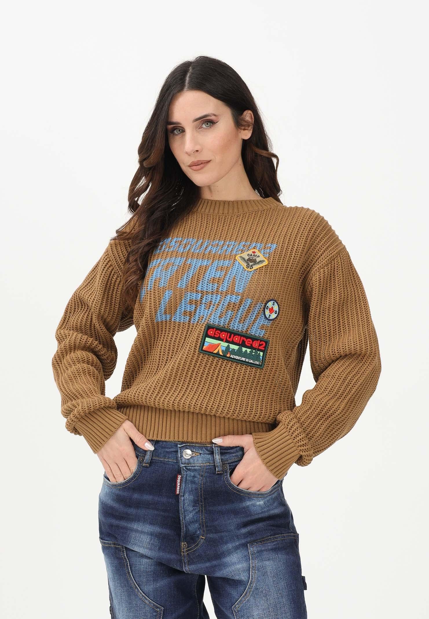 DSQUARED2 Maglioncino girocollo marrone per donna, bambino e bambina con maxi logo e patch DQ3243D0AGR DQ730 DSQUARED2