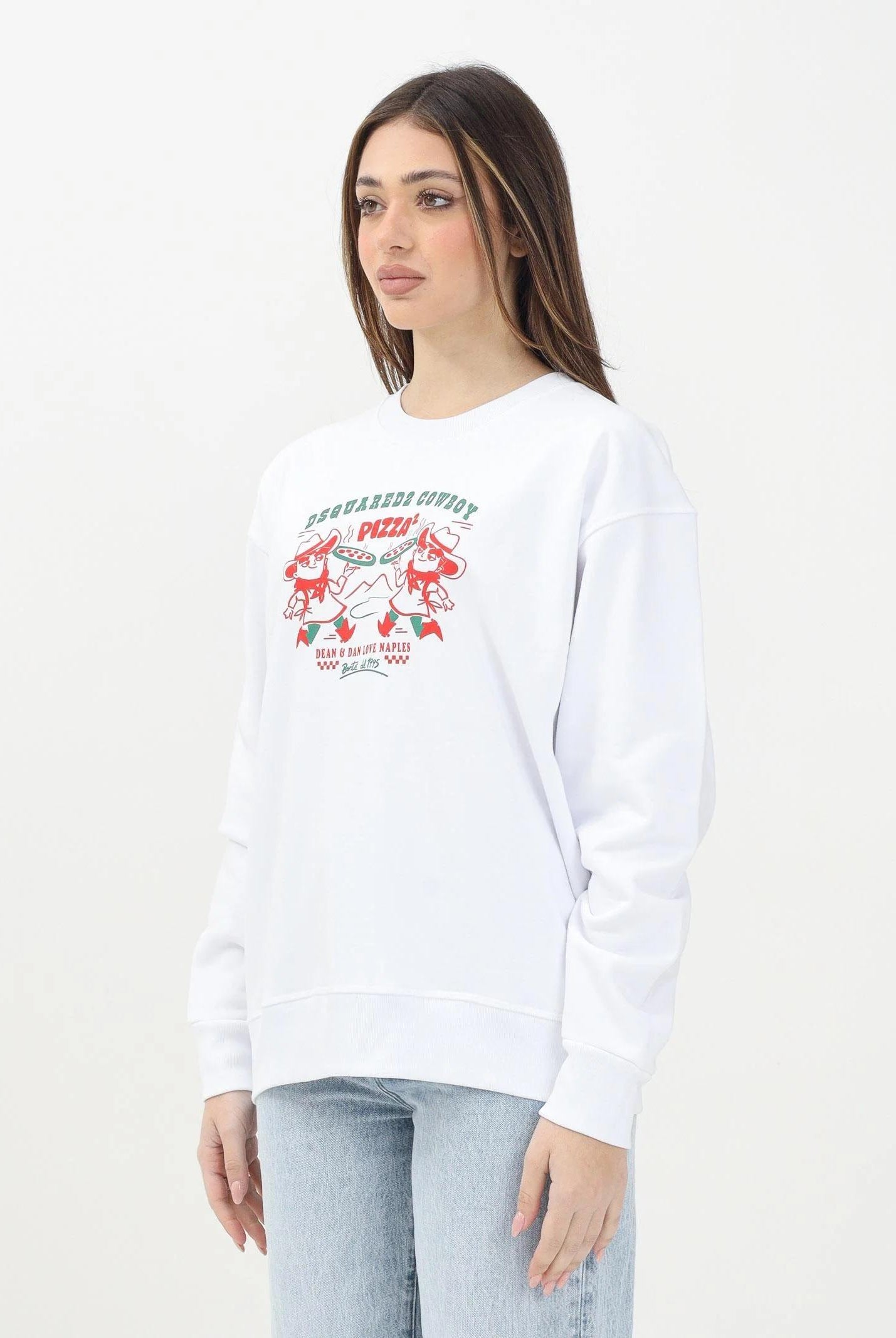 DSQUARED2 Felpa girocollo bianca per donna, ragazzi e bambini con grafica Cowboy Pizza DQ2977D0094 DQ100 DSQUARED2