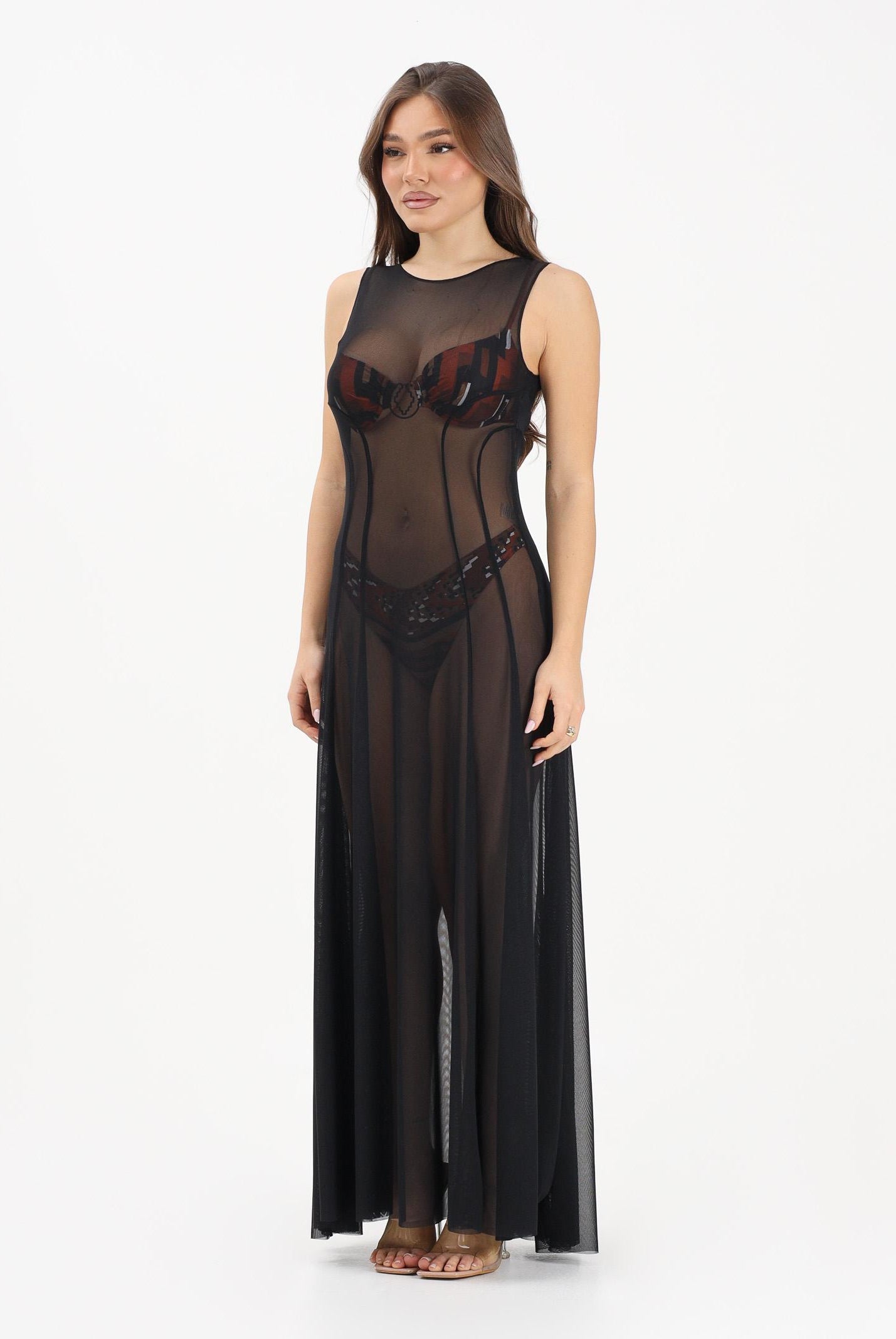 ME FUI Abito lungo nero da donna realizzato in tulle trasparente MF26-SW0720BK . ME FUI