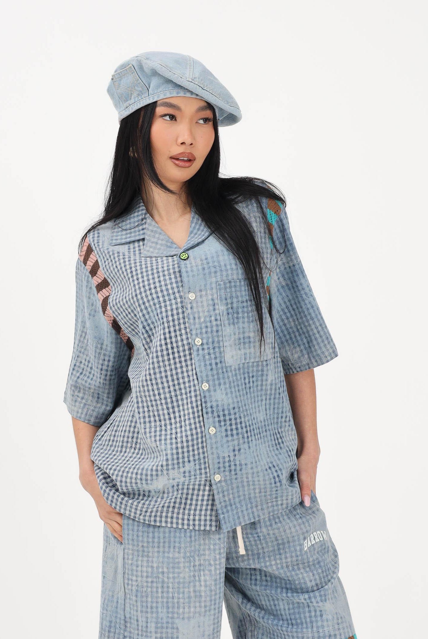 BARROW Camicia a manica corta celeste per uomo e donna con stampa micro check S6BWUASI055 172 BARROW