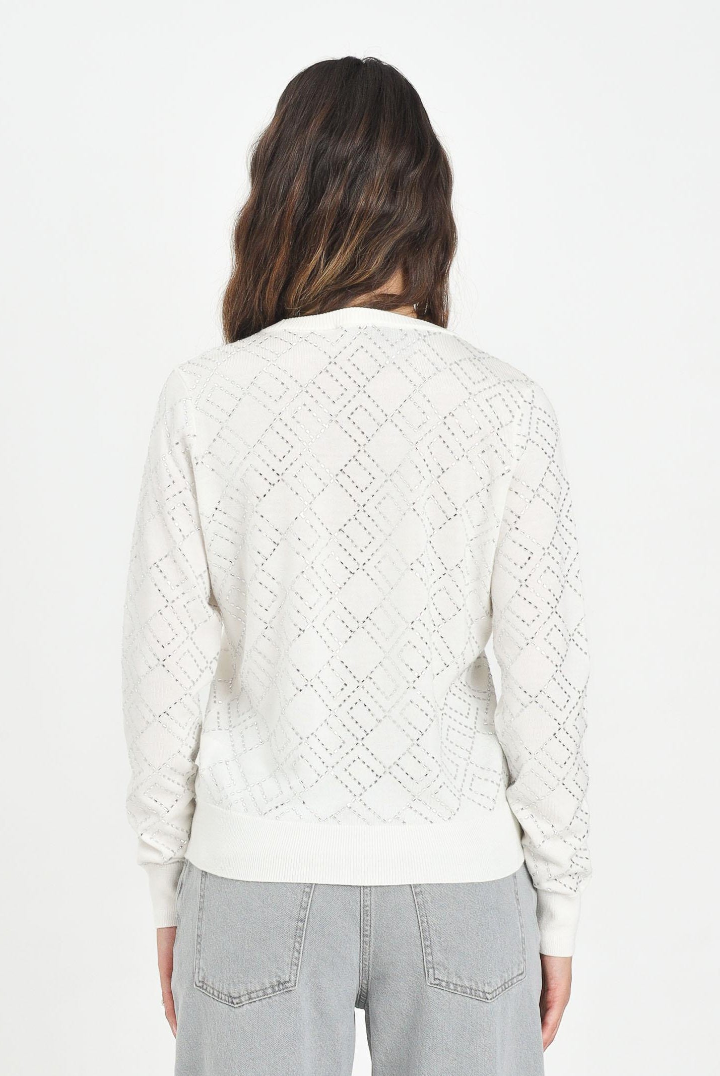 ELISABETTA FRANCHI Cardigan bianco latte da donna con cristalli<BR/> MK26B56E2 EH9 ELISABETTA FRANCHI