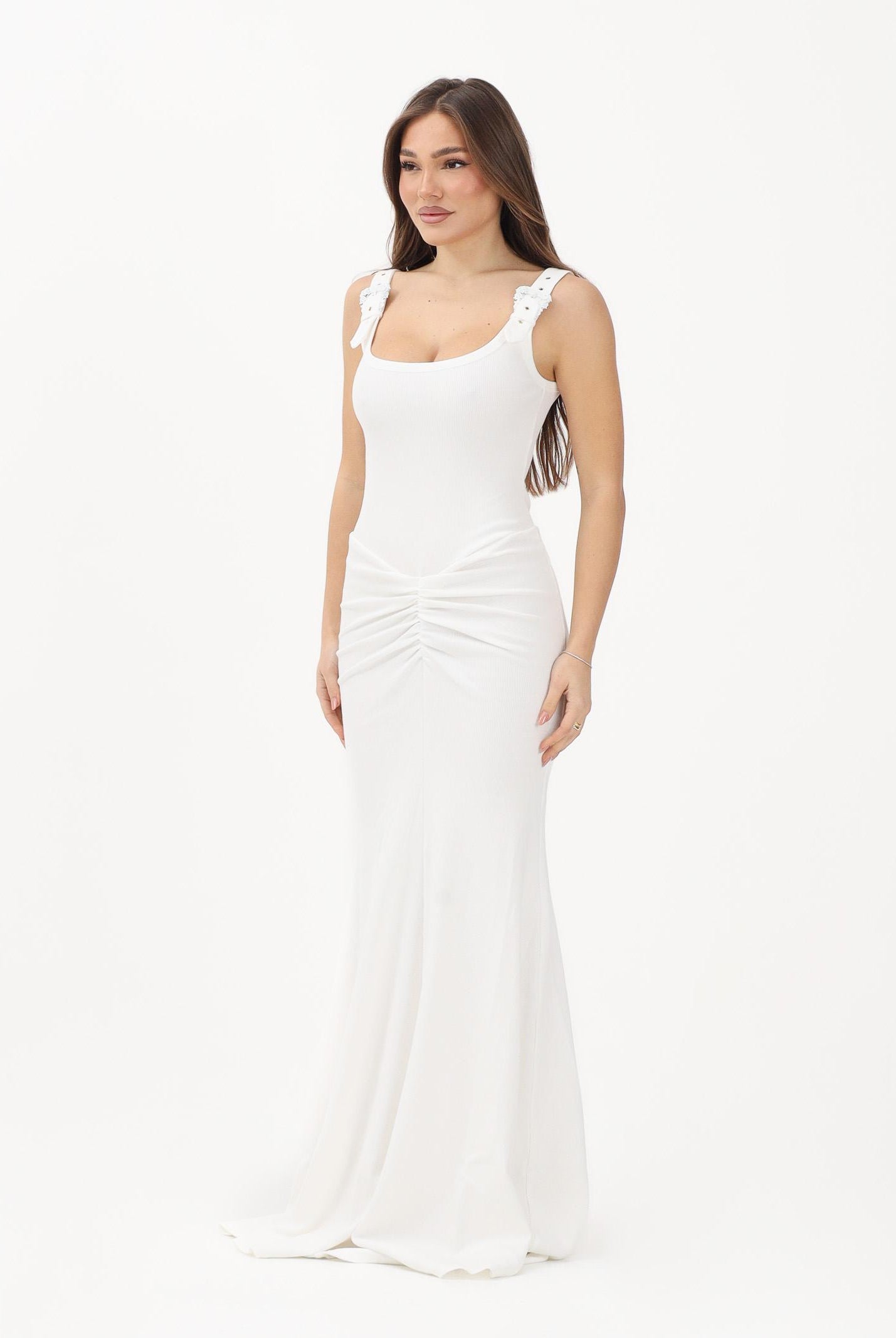 VERSACE JEANS COUTURE Abito lungo bianco da donna con fibbie Baroque 80HAO970J0198 039 VERSACE JEANS COUTURE