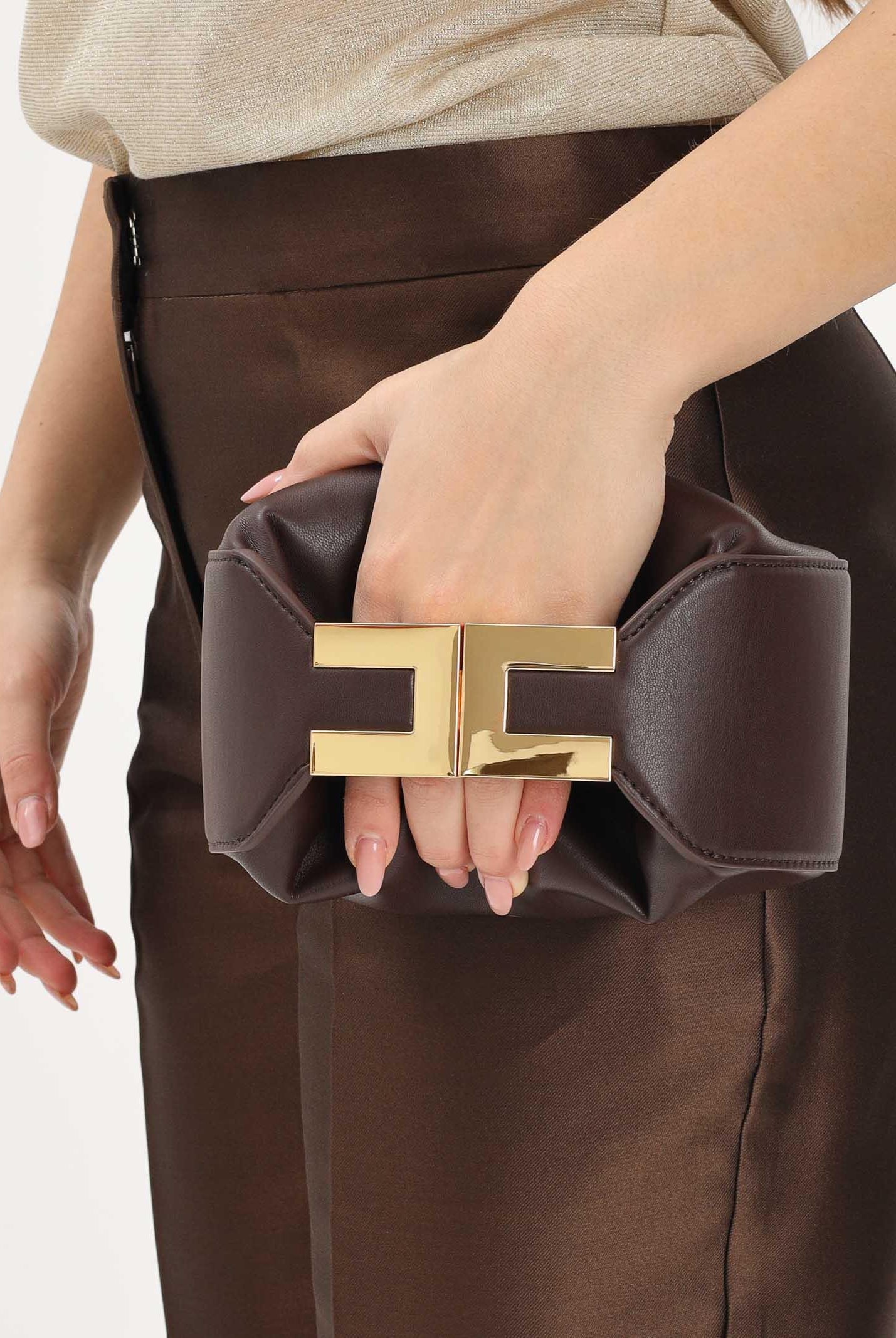ELISABETTA FRANCHI Borsa a mano cacao da donna con manico gioiello<BR/> BS07A62E2 644 ELISABETTA FRANCHI