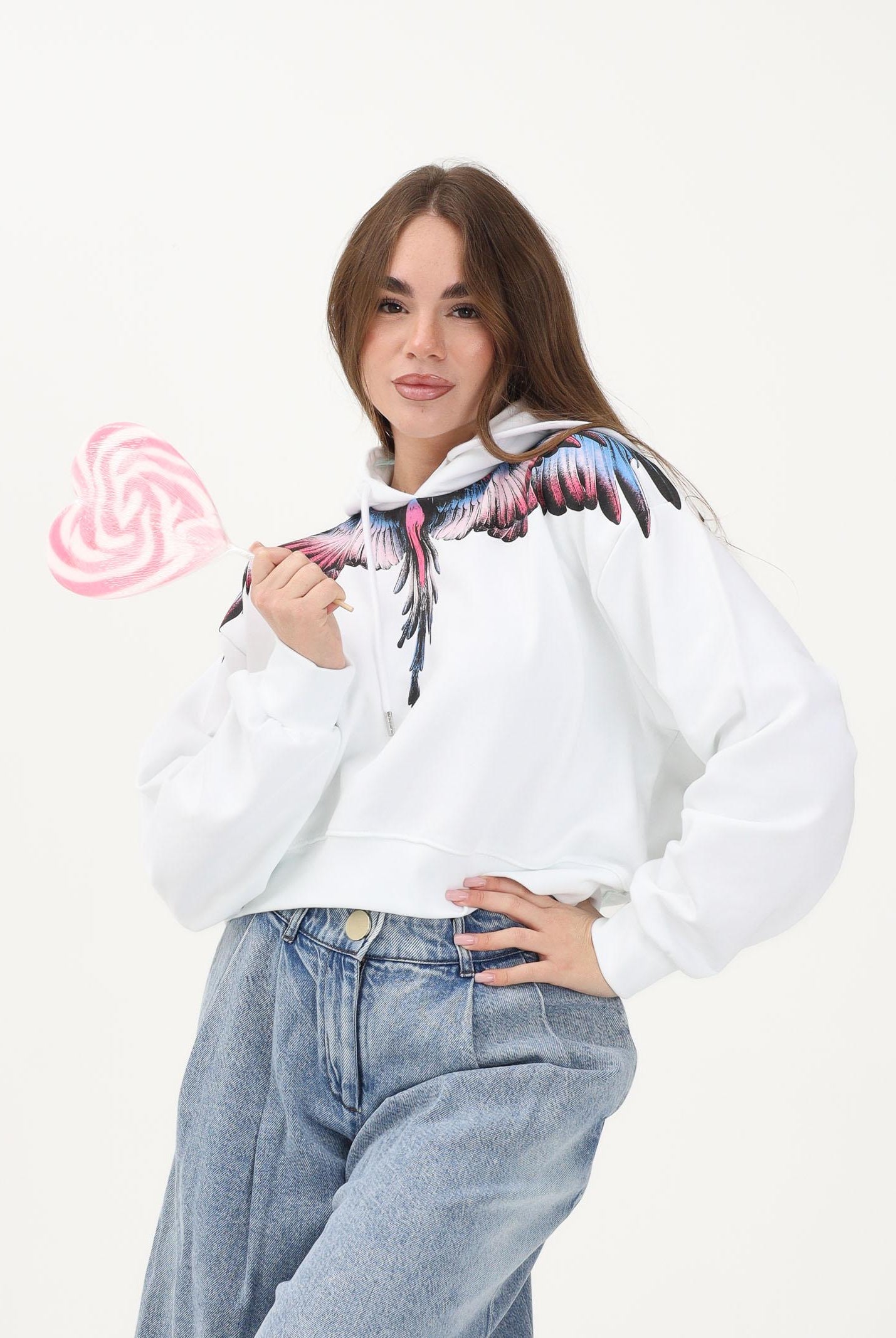 MARCELO BURLON COUNTY OF MILAN Felpa con cappuccio bianca da donna rifinita da stampa ali 26ECM30100 BICERO MARCELO BURLON COUNTY OF MILAN
