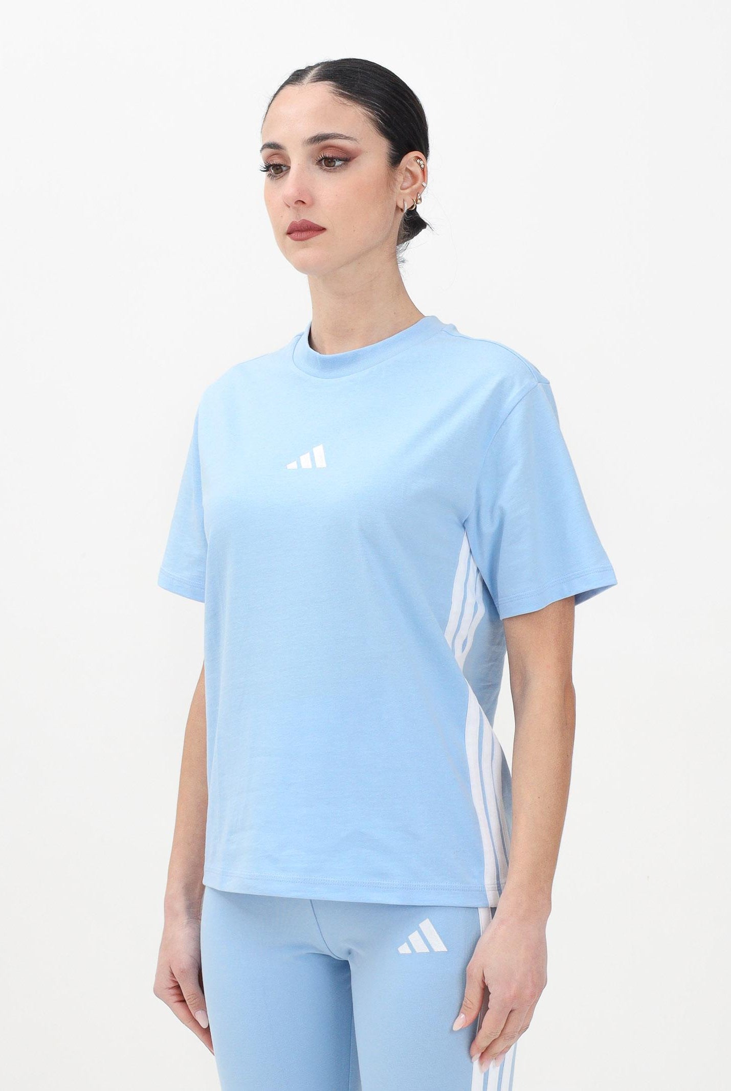 ADIDAS PERFORMANCE T-shirt a manica corta Essentials 3-Stripes Slim azzurra da donna JE1227 . ADIDAS PERFORMANCE