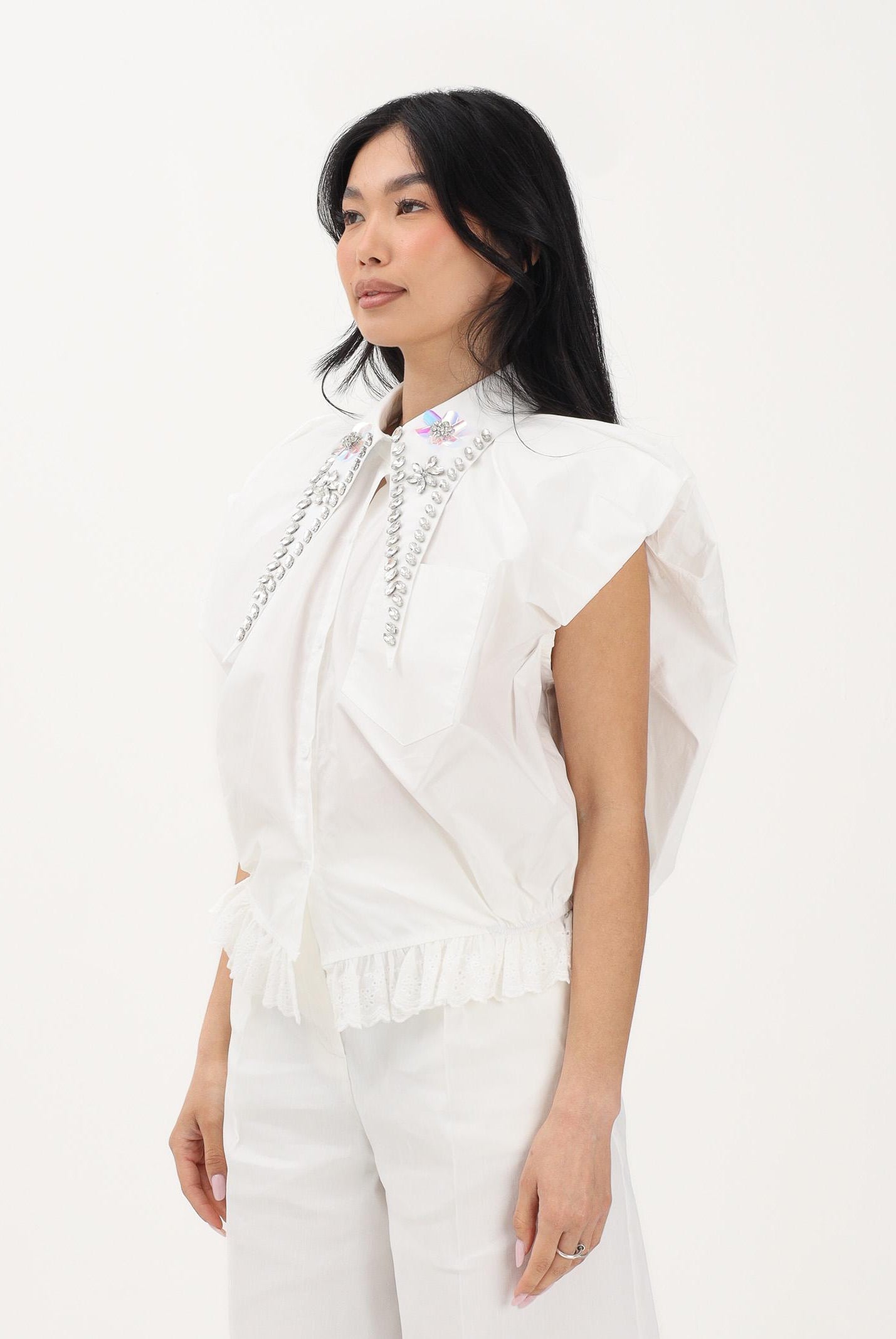 TPN Camicia smanicata bianca da donna con colletto gioiello TABER252S6 D7 TPN