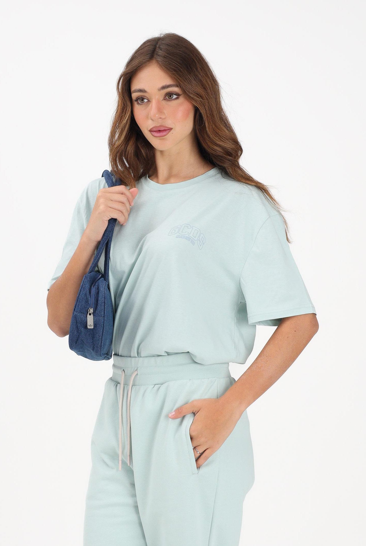 GCDS T-shirt a manica corta verde acqua per uomo e donna con stampa logo C1MEQC041J104 818G GCDS