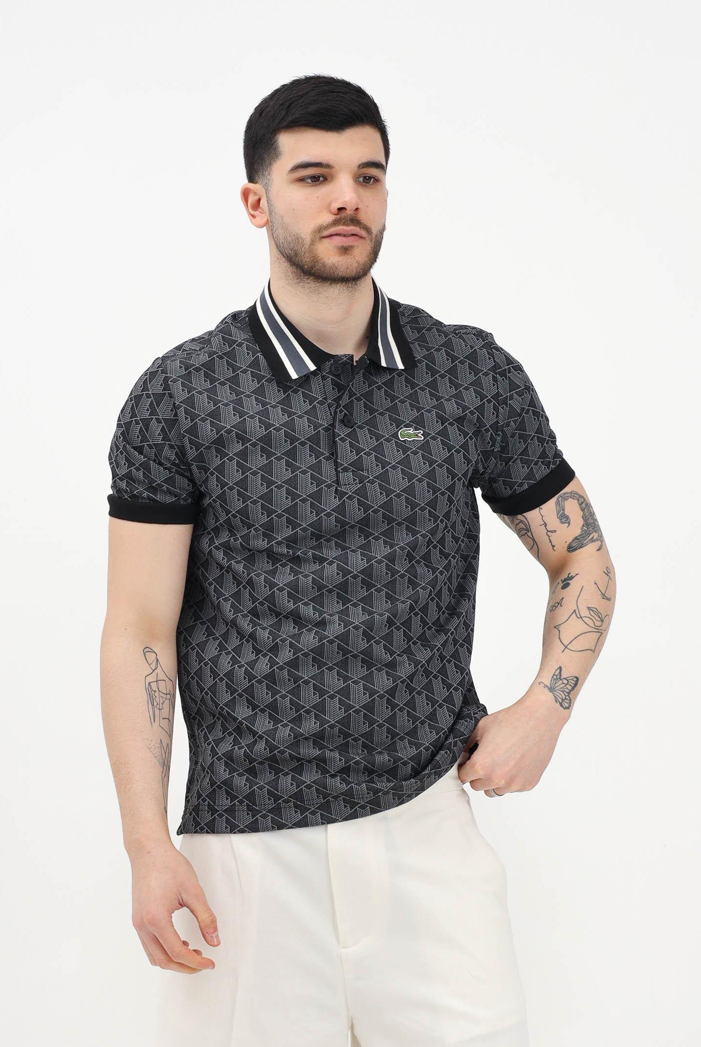 LACOSTE Polo a manica corta nera da uomo in jacquard con monogramma DH1417 4PC LACOSTE