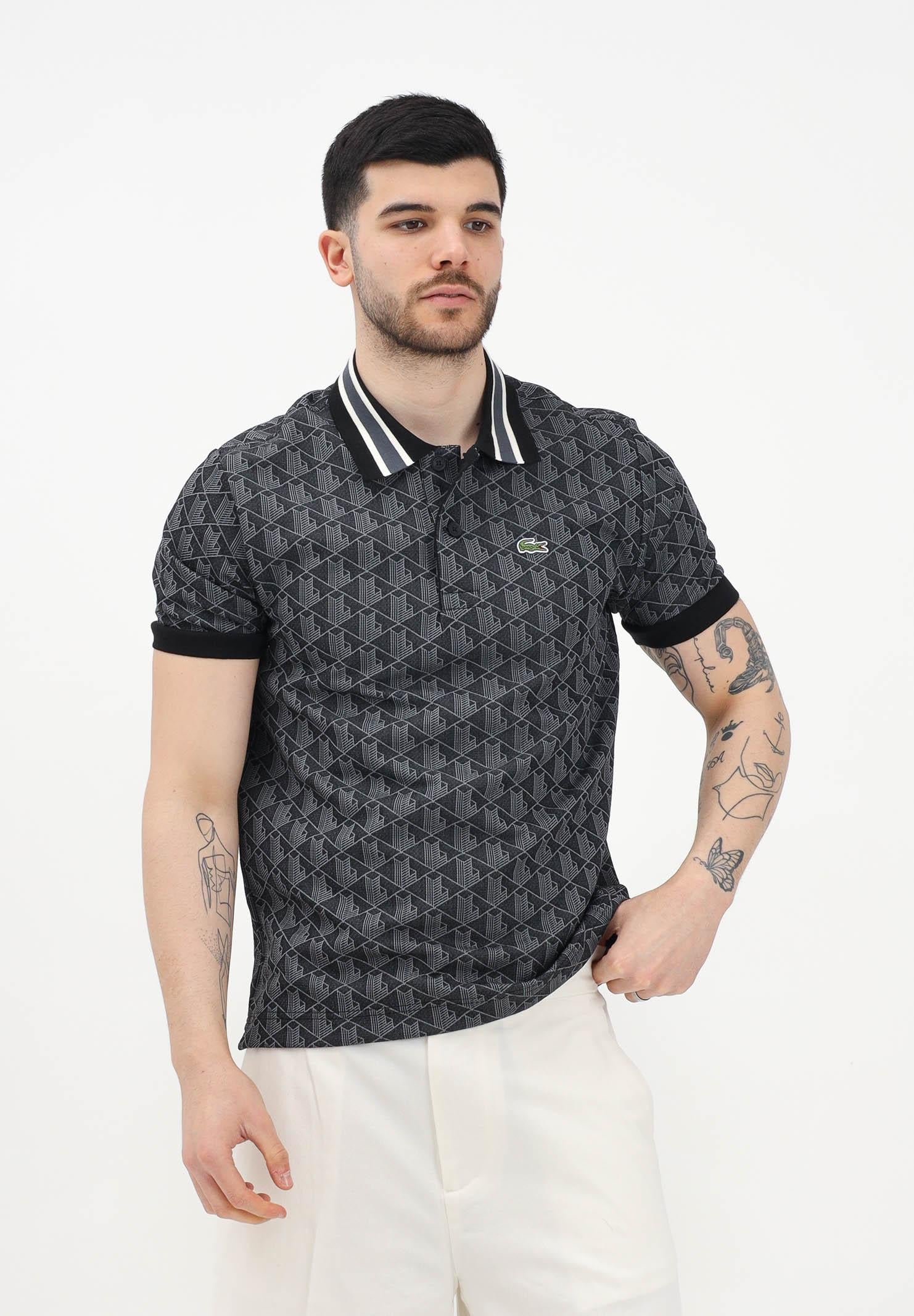 LACOSTE Polo a manica corta nera da uomo in jacquard con monogramma DH1417 4PC LACOSTE