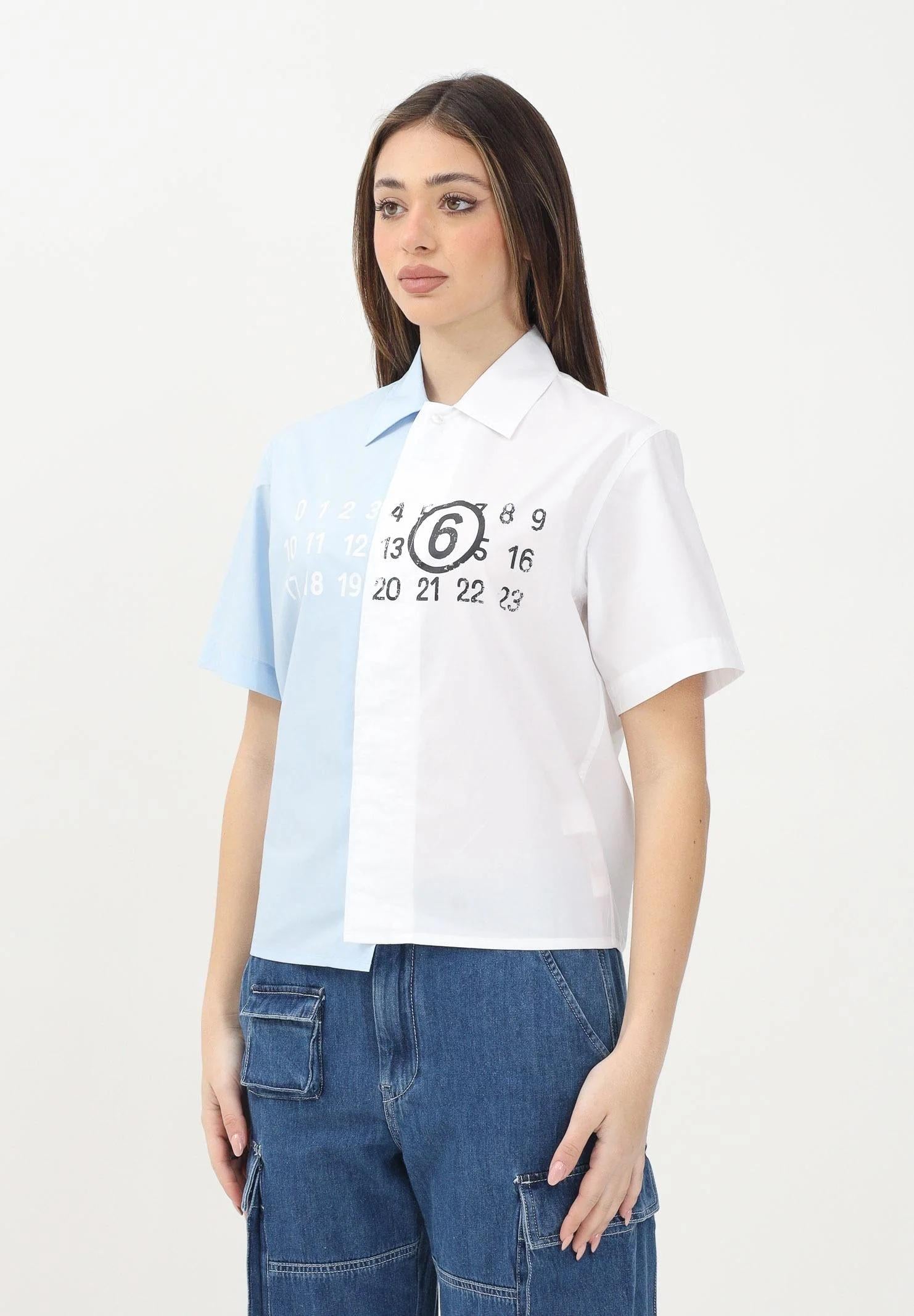 MAISON MARGIELA Camicia a maniche corte bianca e azzurra per donna, ragazzi e bambini con stampa Numbers M60761MM014 M6C29 MAISON MARGIELA