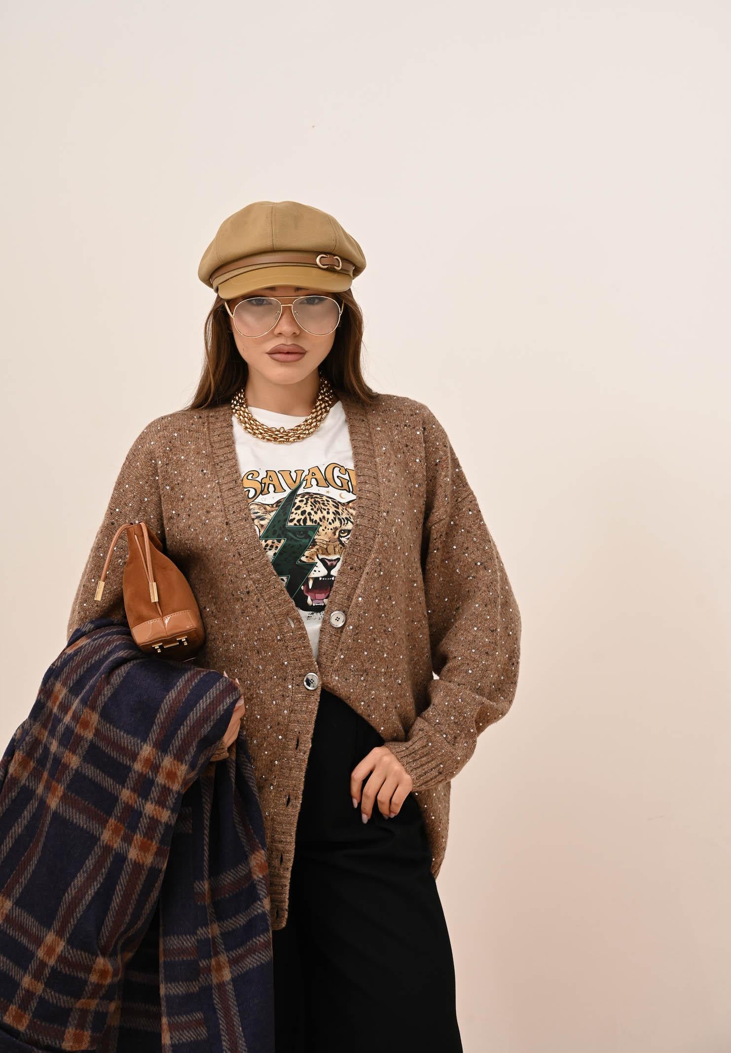 PINKO Cardigan beige da donna in tessuto bouclé con strass 105739A2U4 C3Z PINKO