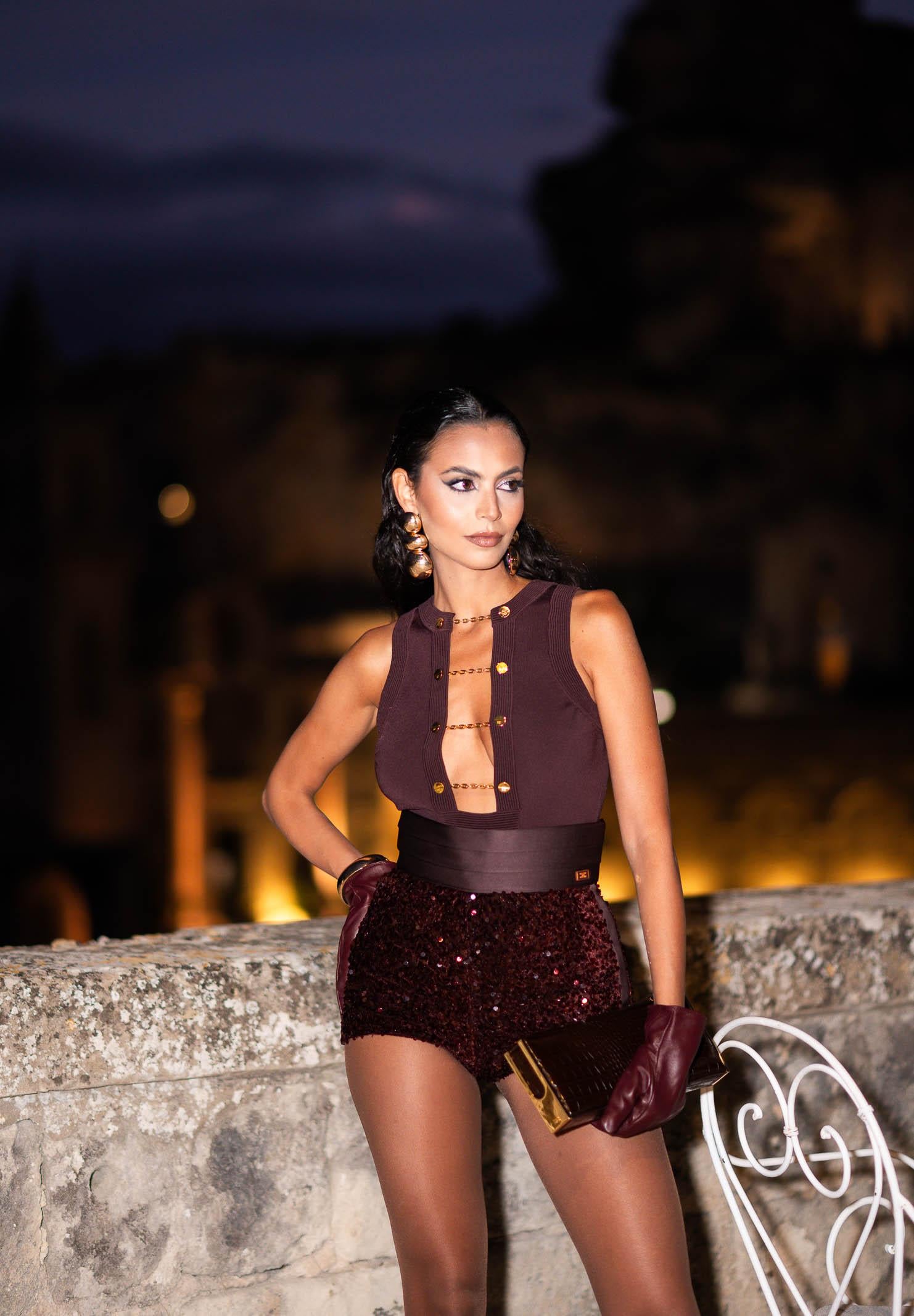 ELISABETTA FRANCHI Body smanicato bordeaux da donna con gemelli gioiello BK77S57E2 EA4 ELISABETTA FRANCHI