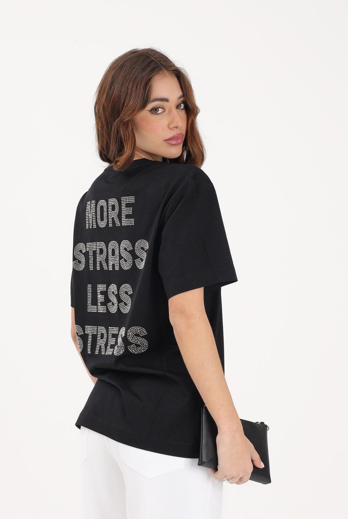 PINKO T-shirt a manica corta nera da donna con maxi scritta in strass 105526A33S Z99 PINKO