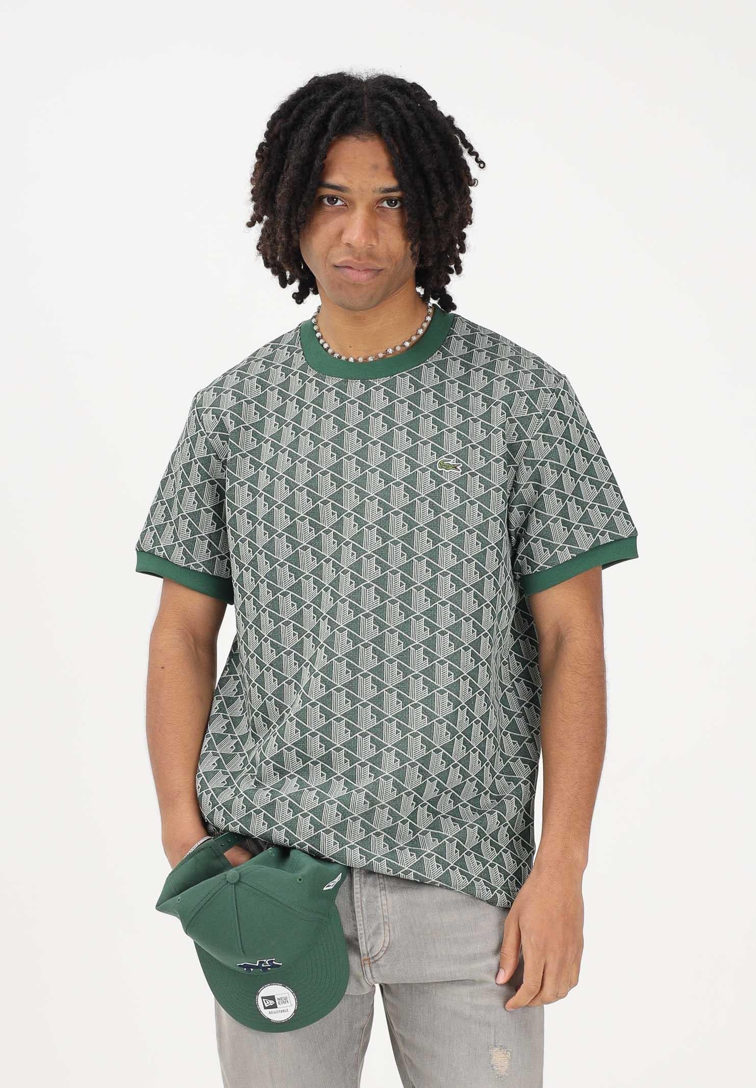LACOSTE T-shirt a manica corta verde da uomo con monogramma jacquard TH1197 D1R LACOSTE