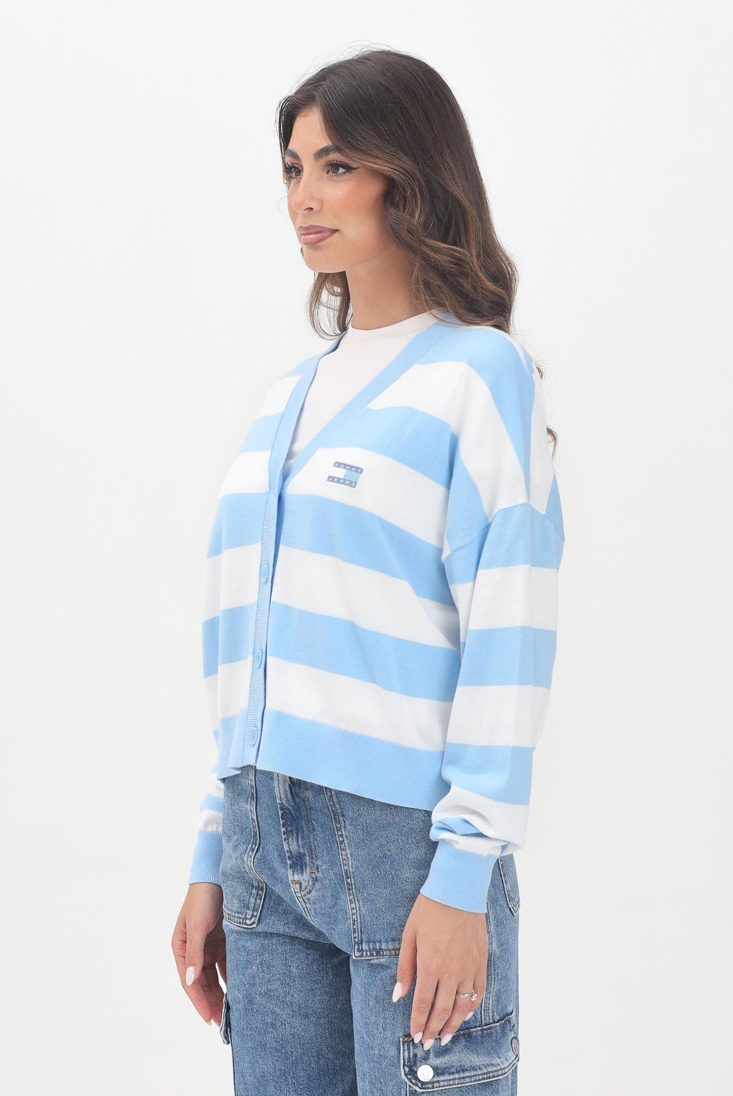 TOMMY JEANS Cardigan corto a righe orizzontali bianche e azzurro da donna DW0DW20968C1T TOMMY JEANS