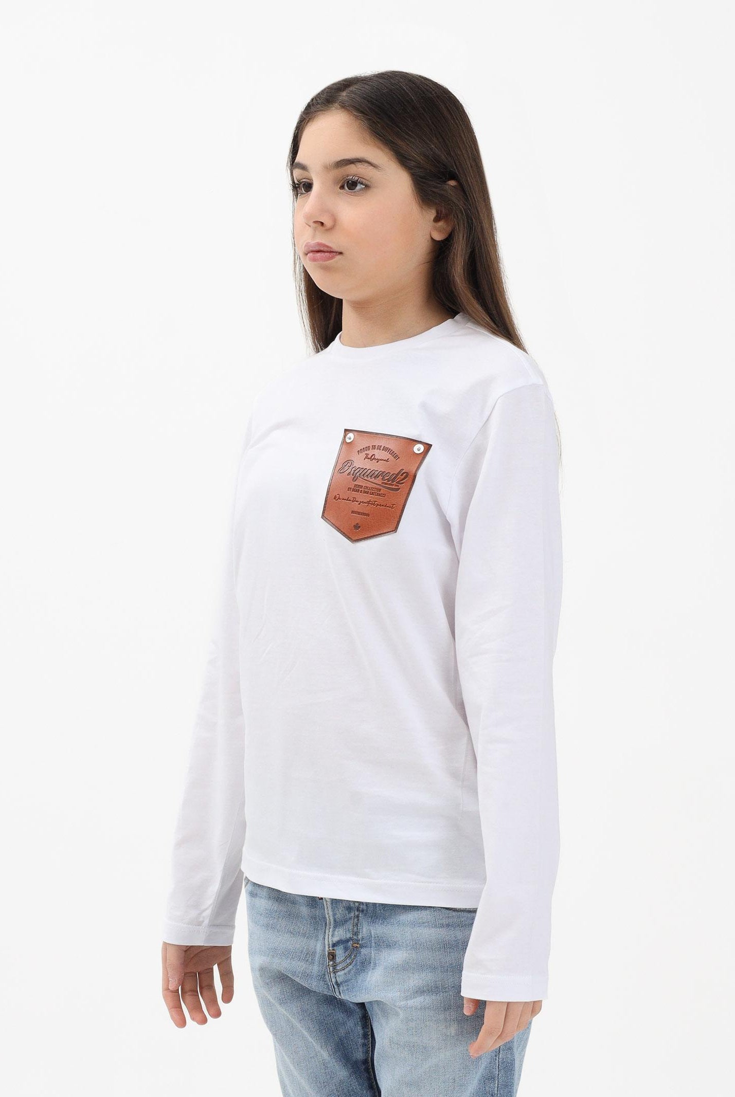 DSQUARED2 T-shirt a manica lunga bianca per donna, ragazzi e bambini con applicazione DQ3174D004G DQ100 DSQUARED2