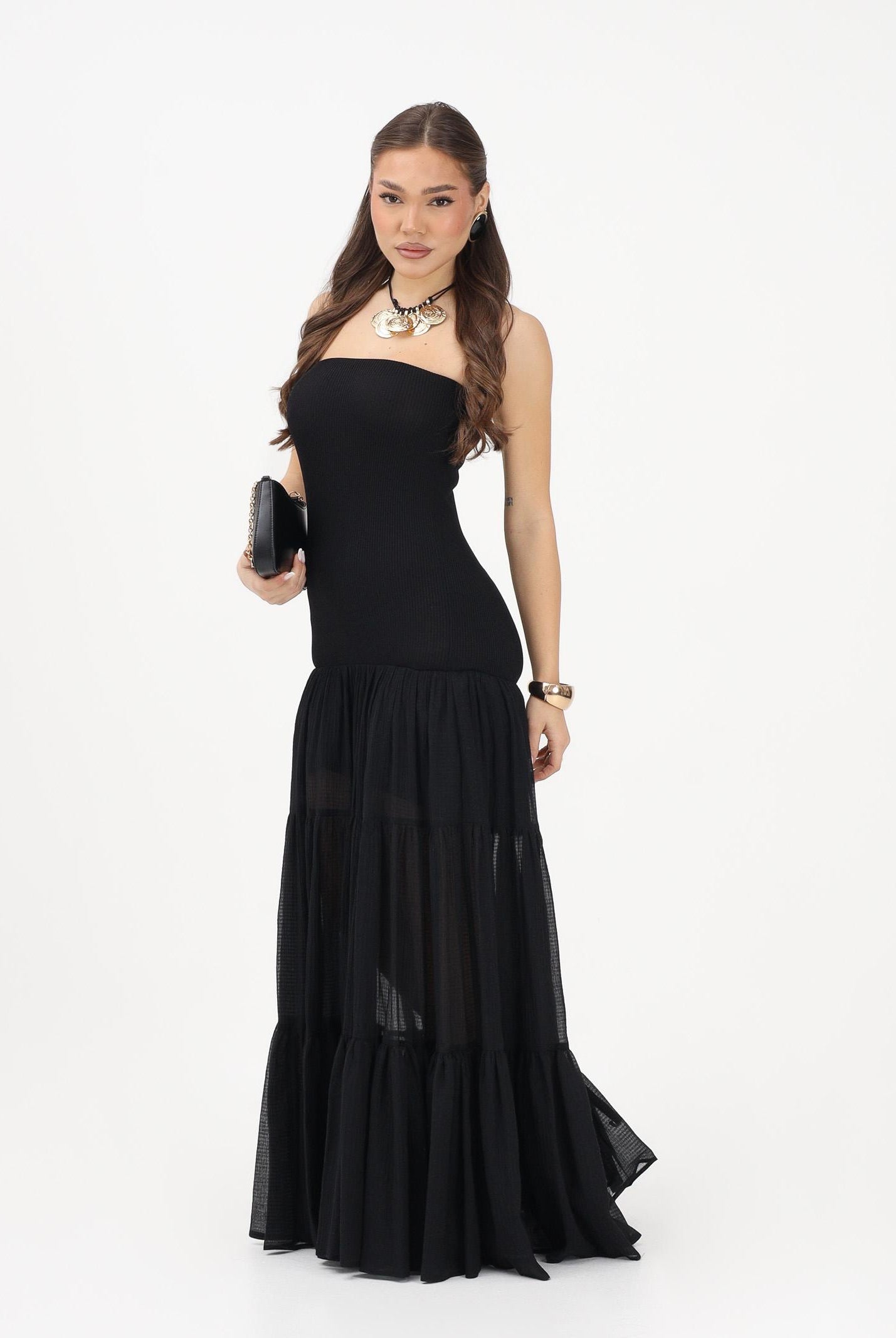 PINKO Abito lungo strapless nero da donna con gonna in voile 107015A3D1 Z99 PINKO