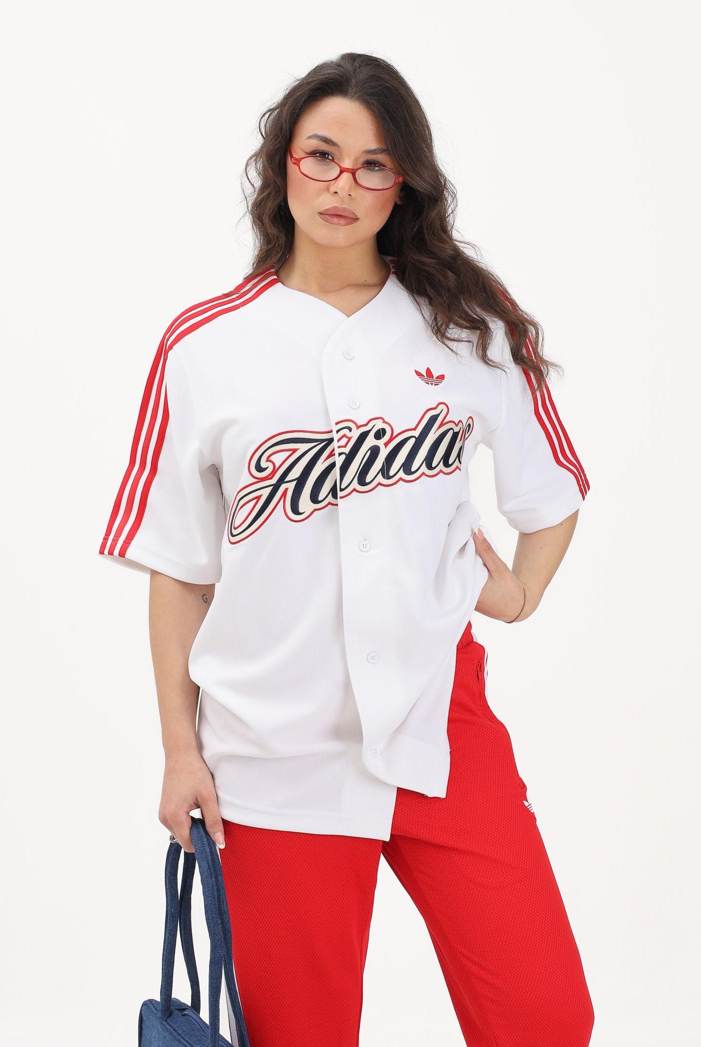 ADIDAS ORIGINALS Camicia a manica corta SUMMER LEAGUE VARSITY BASEBALL bianca per uomo e donna KD6563 . ADIDAS ORIGINALS